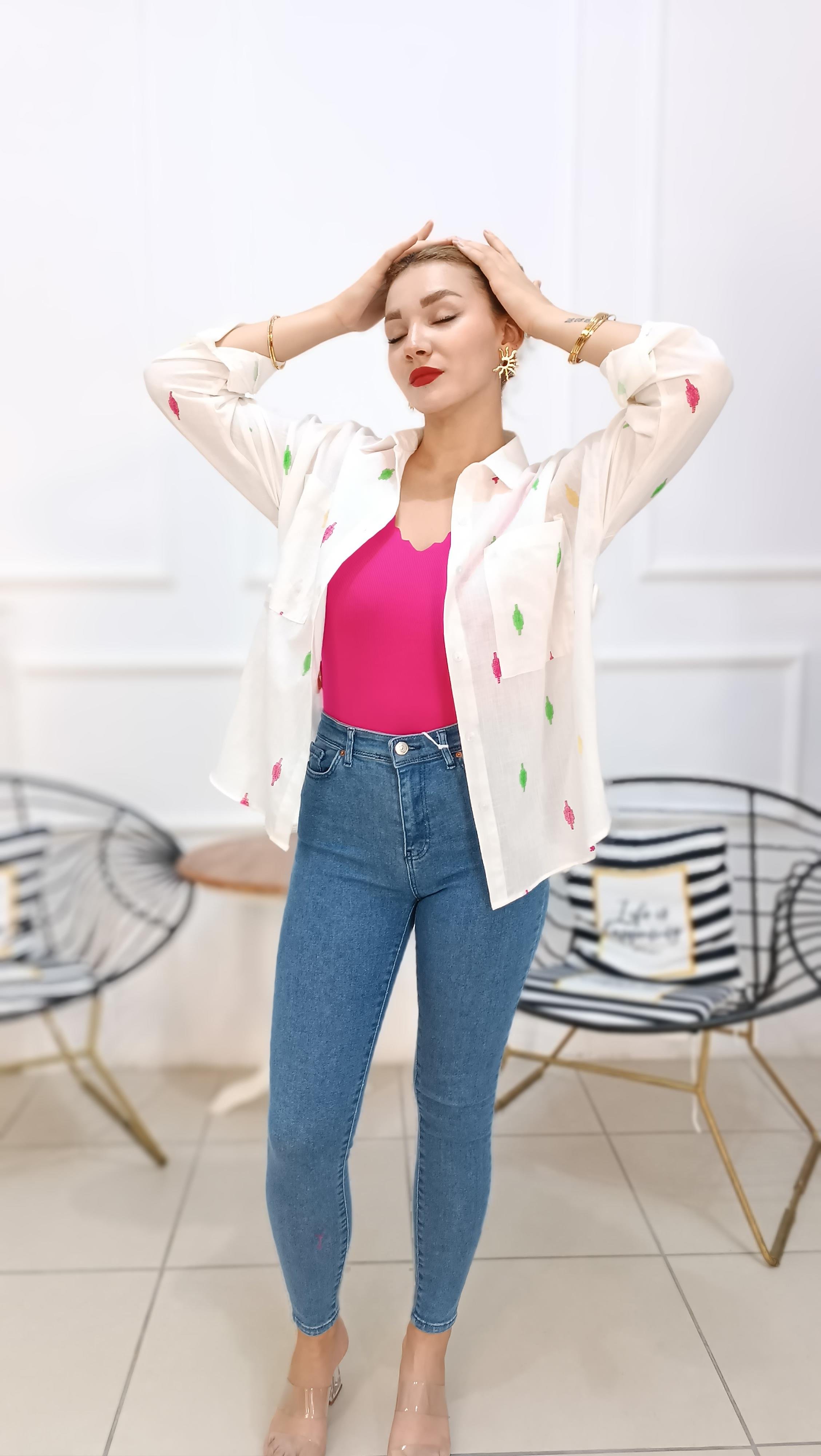 Damla Desenli Oversize Ham Keten Gömlek