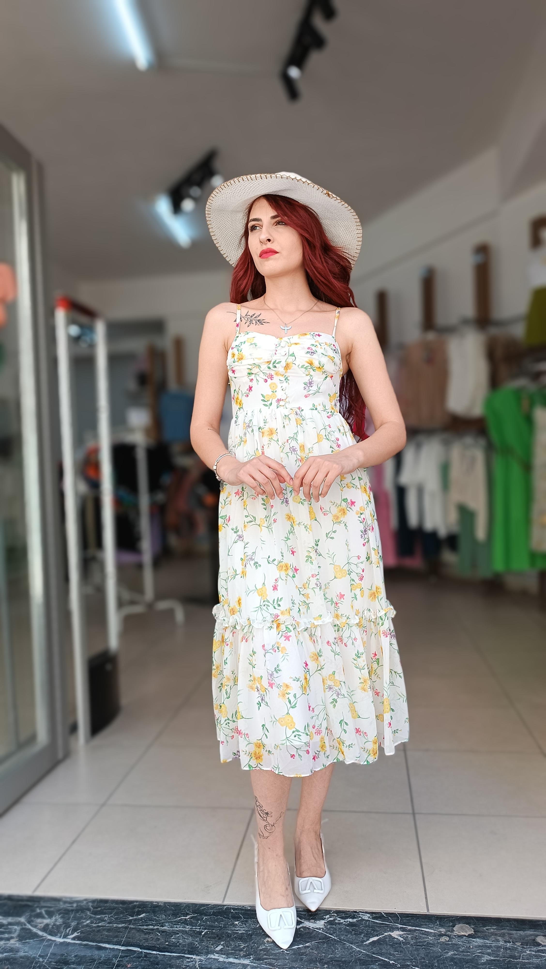 İp Askılı Çiçek Desen Şifon Elbise