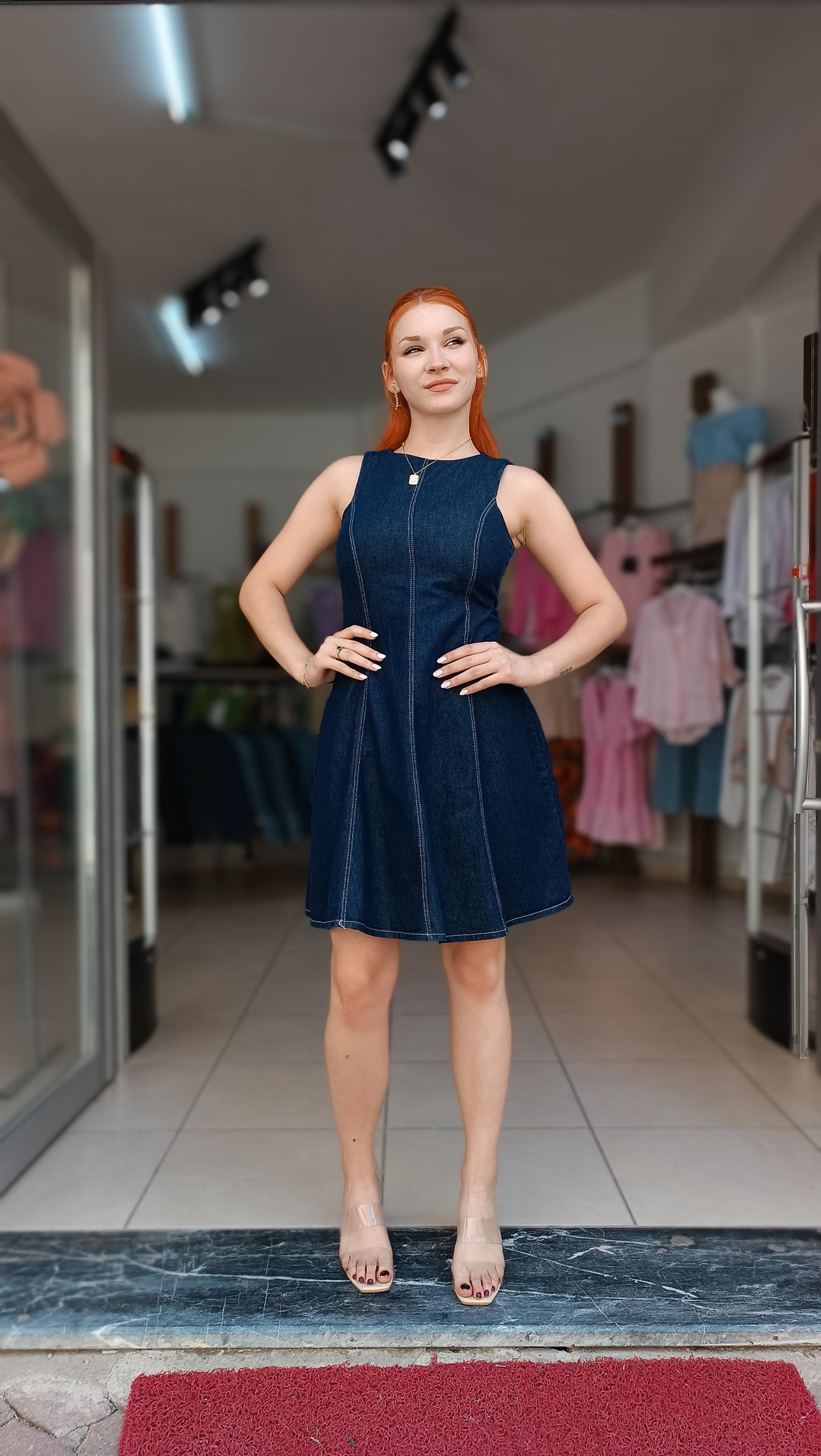 Kalın Askı Etek Ucu Volanlı Denim Elbise