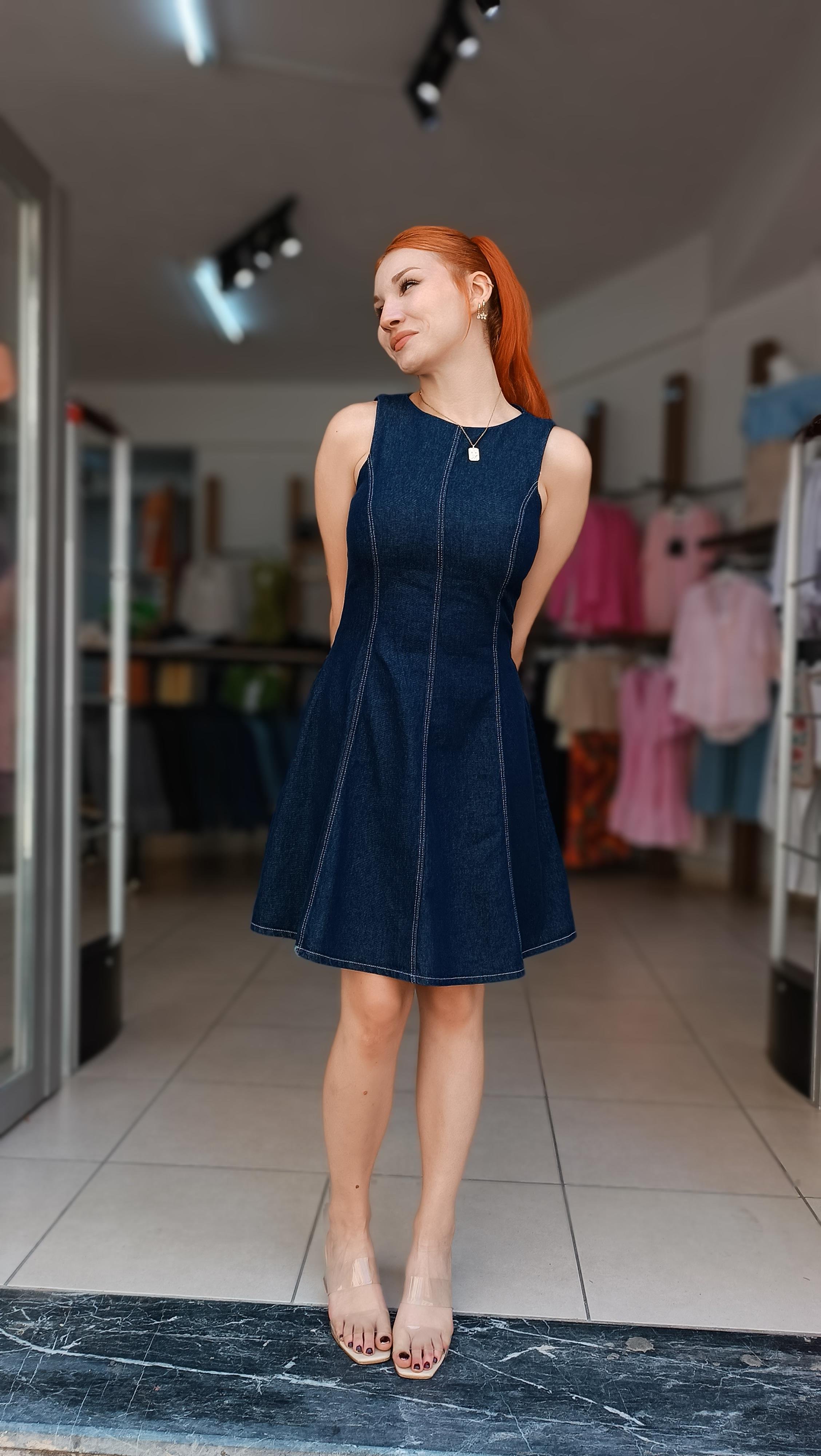 Kalın Askı Etek Ucu Volanlı Denim Elbise