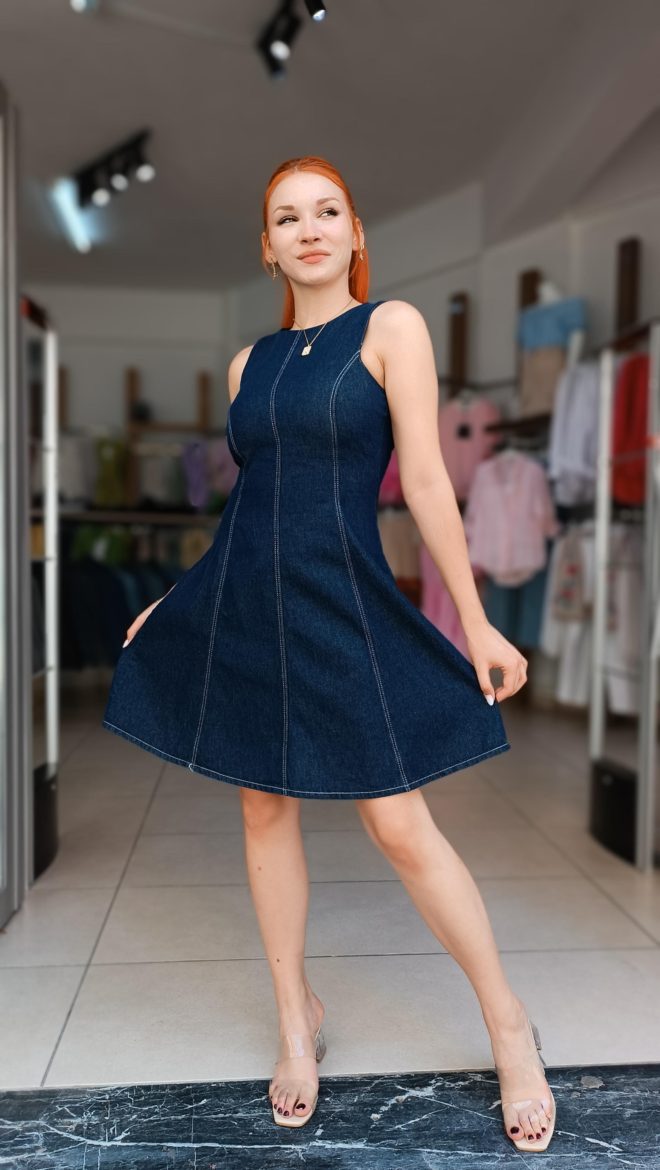 Kalın Askı Etek Ucu Volanlı Denim Elbise