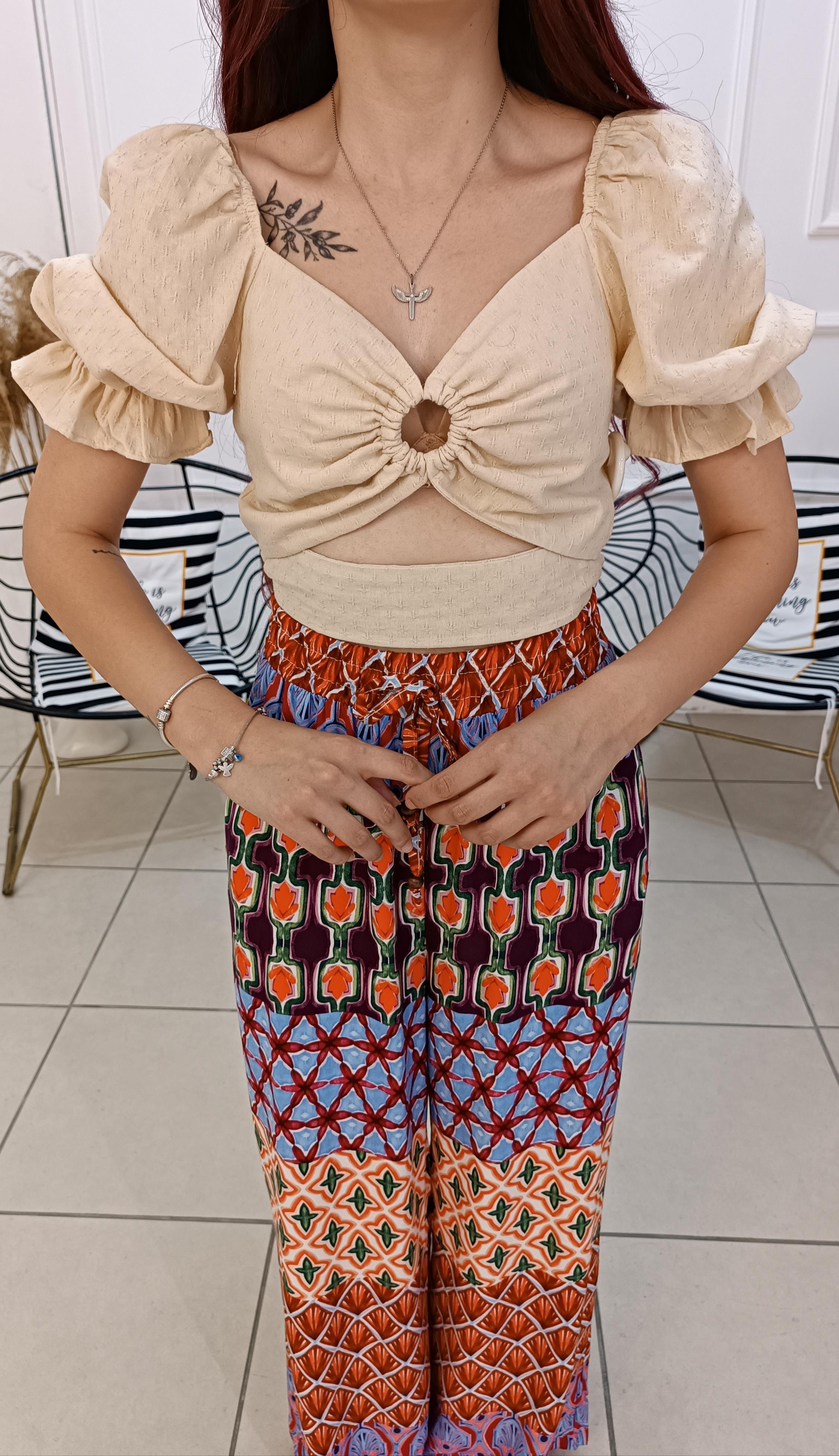 Karpuz Kol Bel Kısmı Şerit Detaylı Crop Bluz