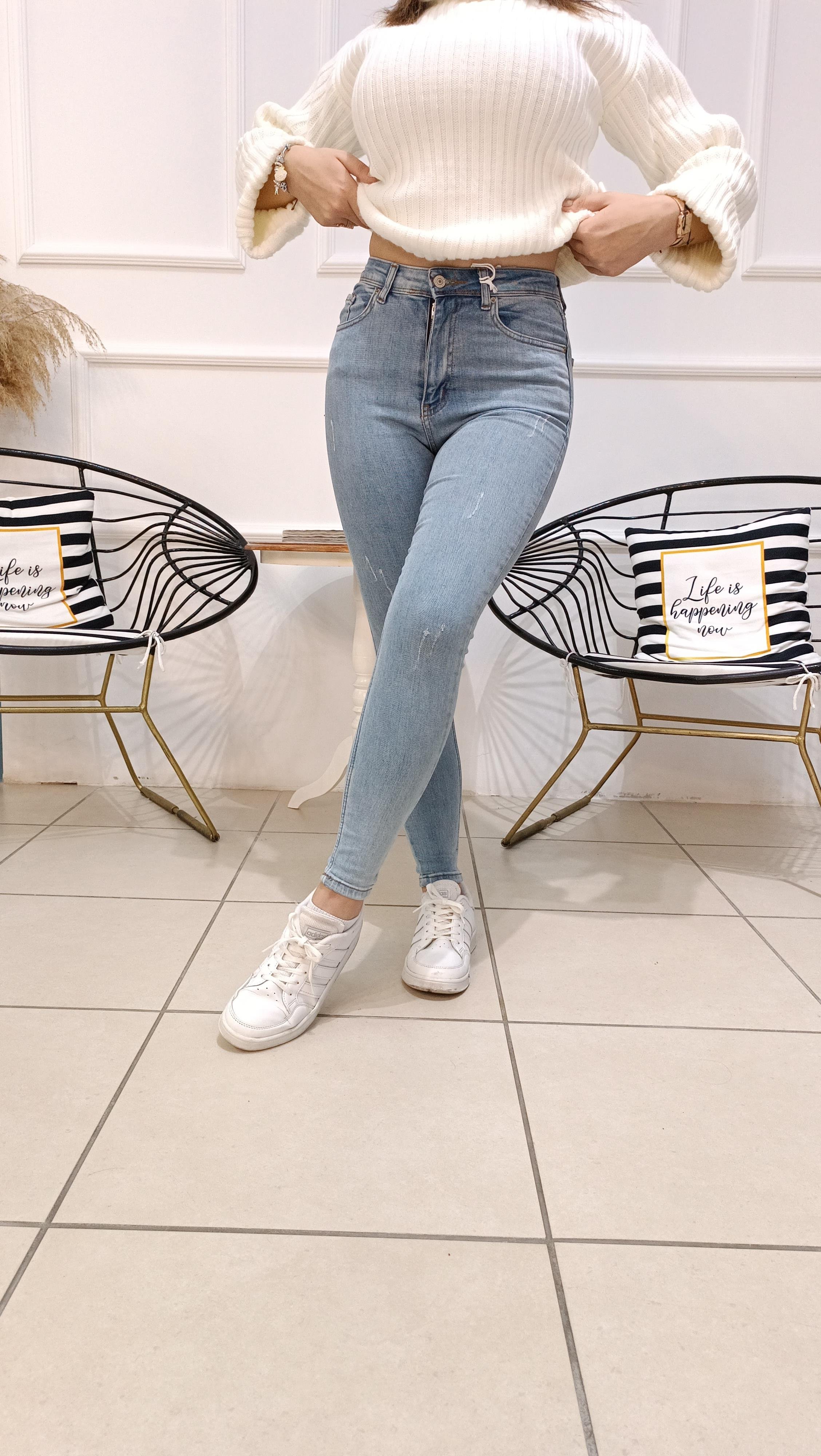 Likralı Yüksek Bel Blue Jean