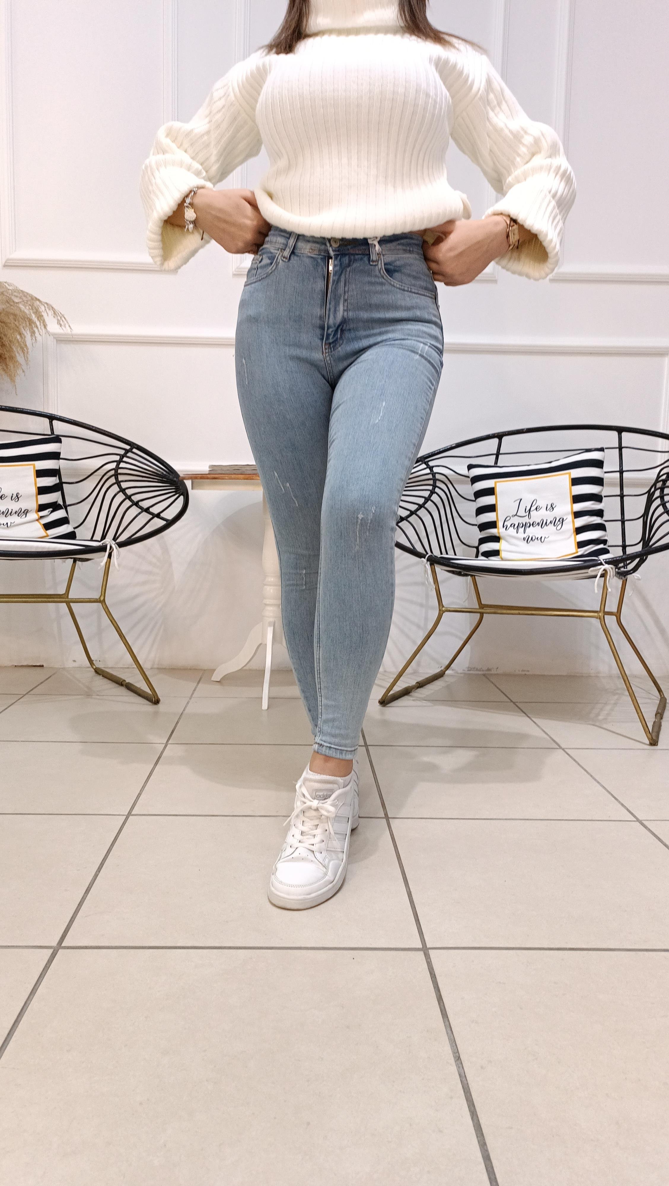 Likralı Yüksek Bel Blue Jean