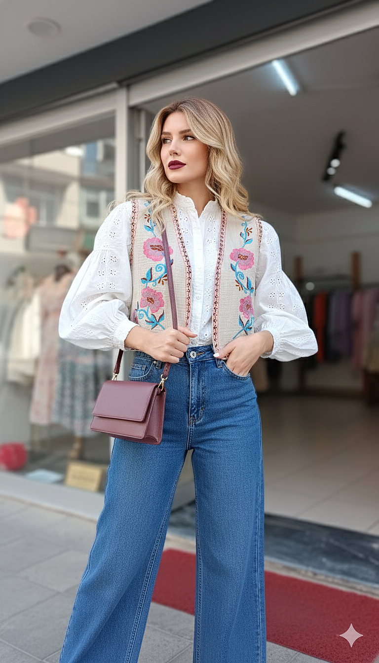Marka Model Nakış İşleme Keten Yelek