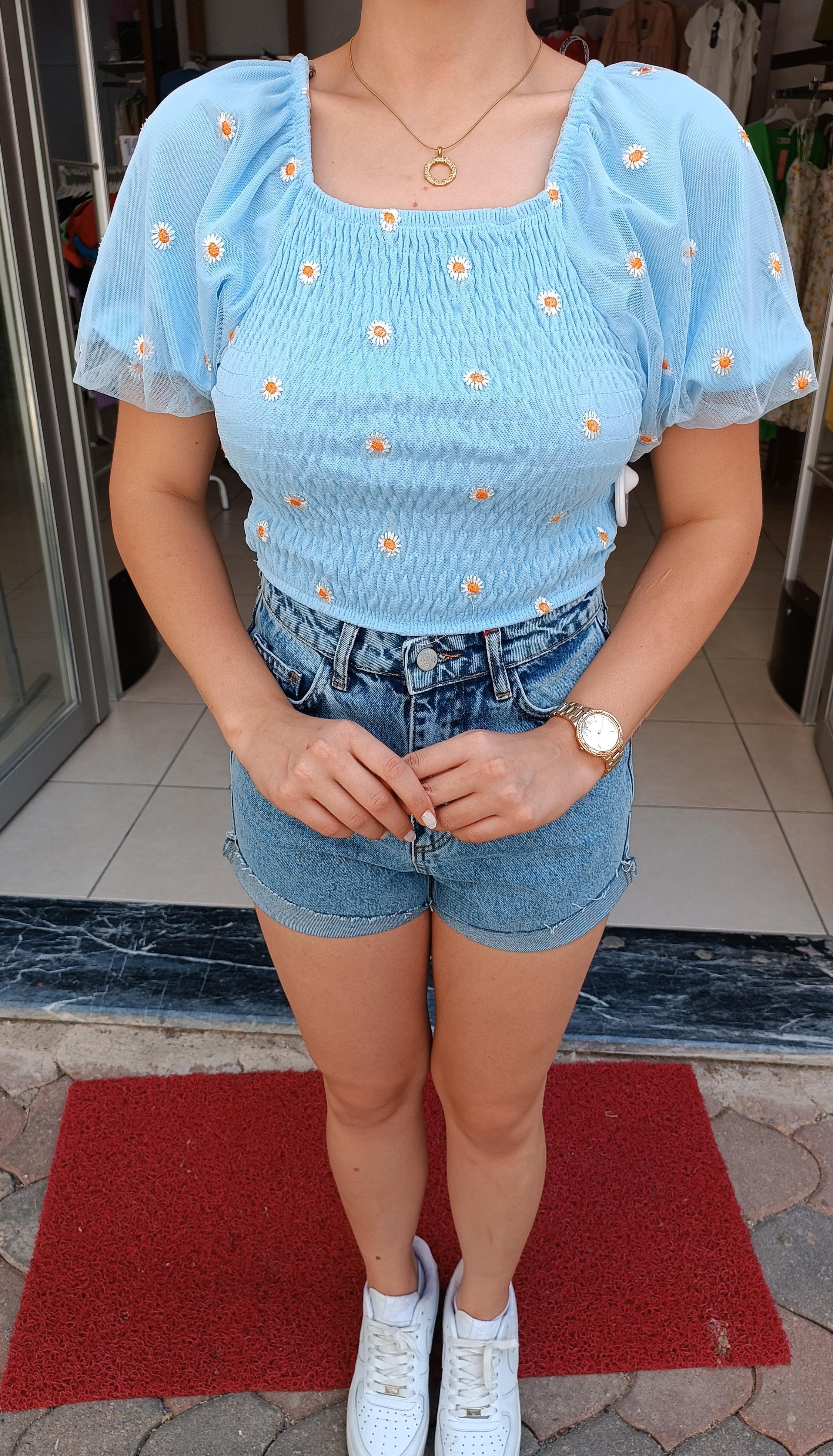 Papatya Desen Tül Kollu Crop 