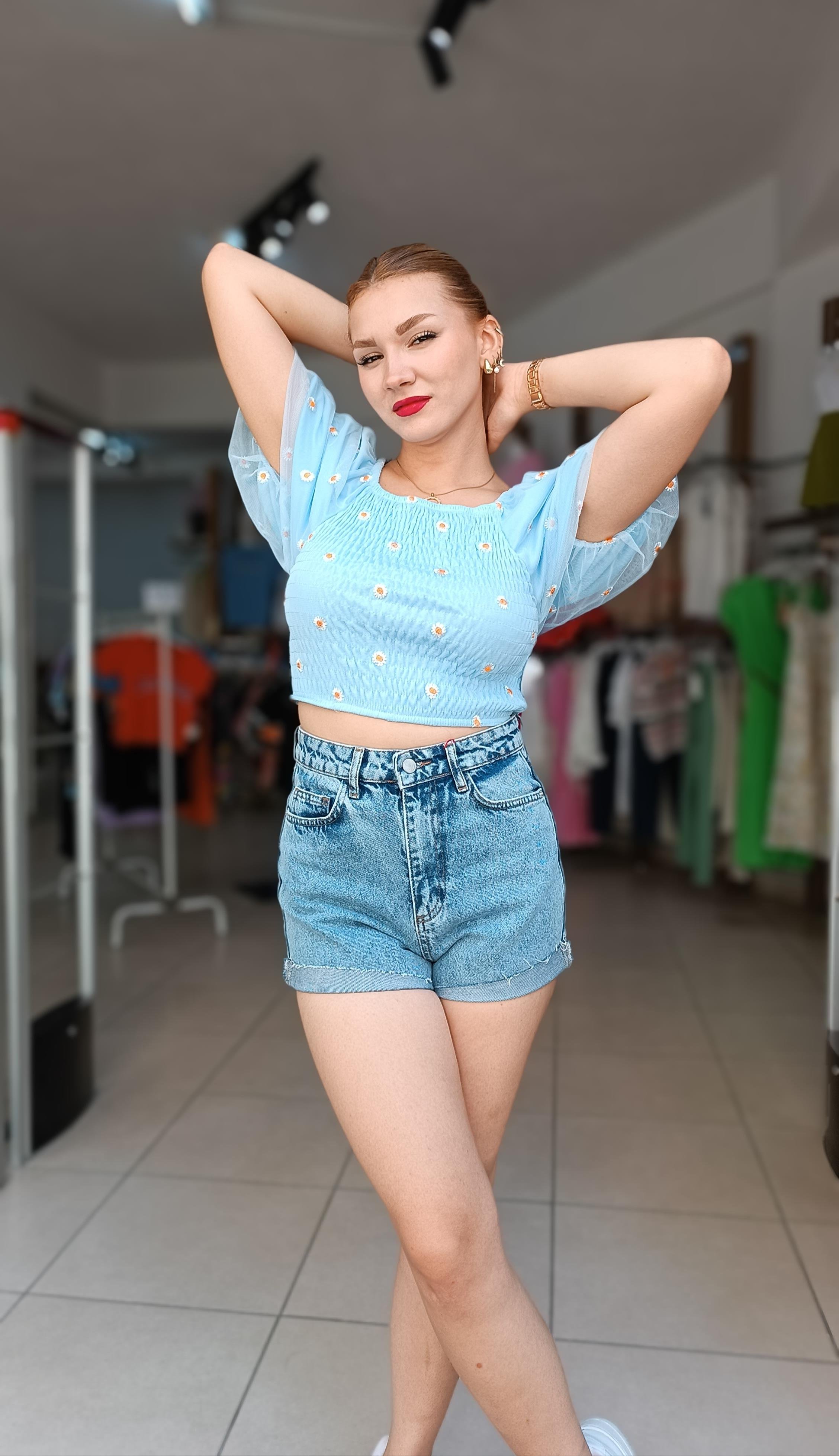 Papatya Desen Tül Kollu Crop 