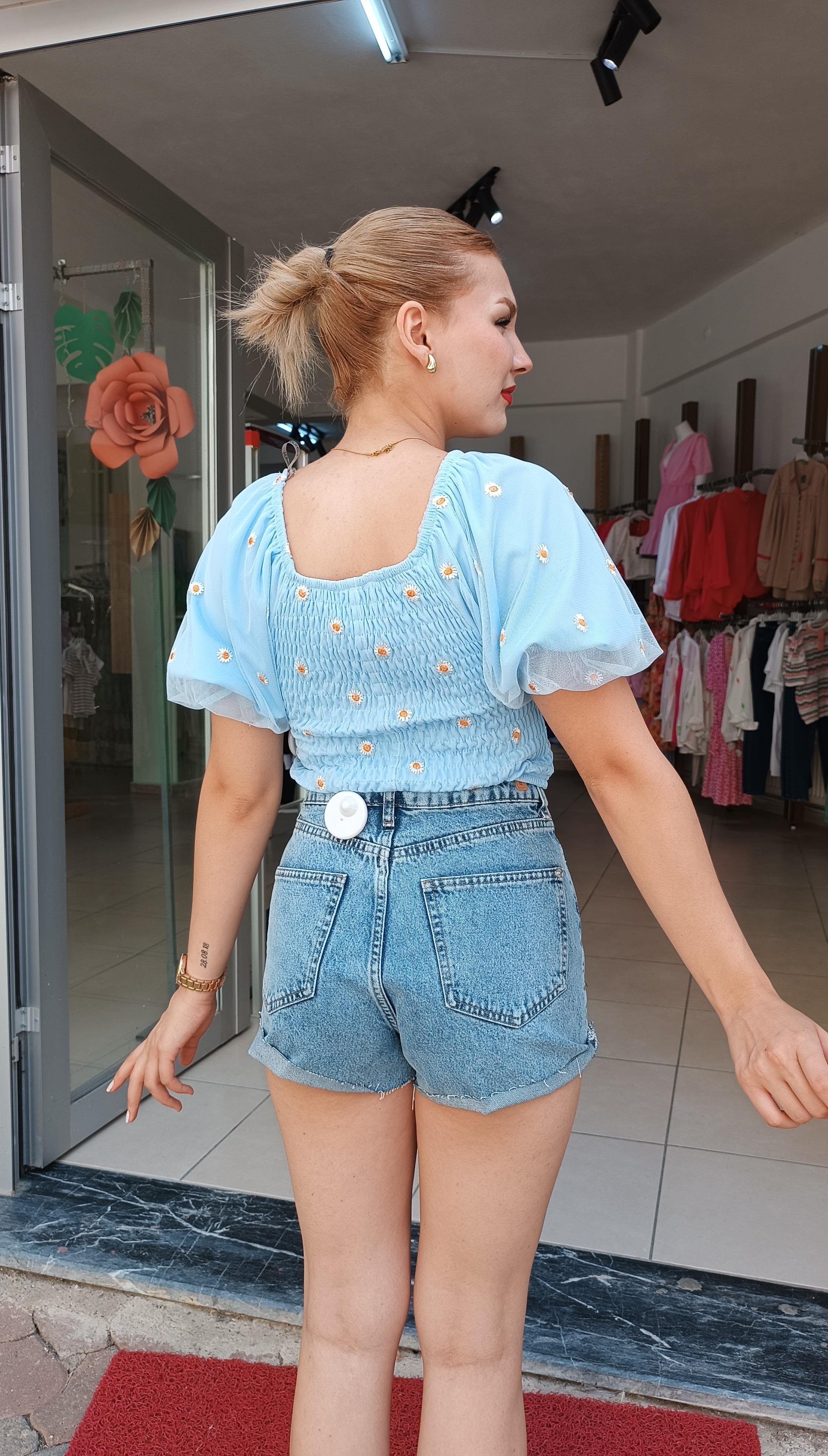 Papatya Desen Tül Kollu Crop 