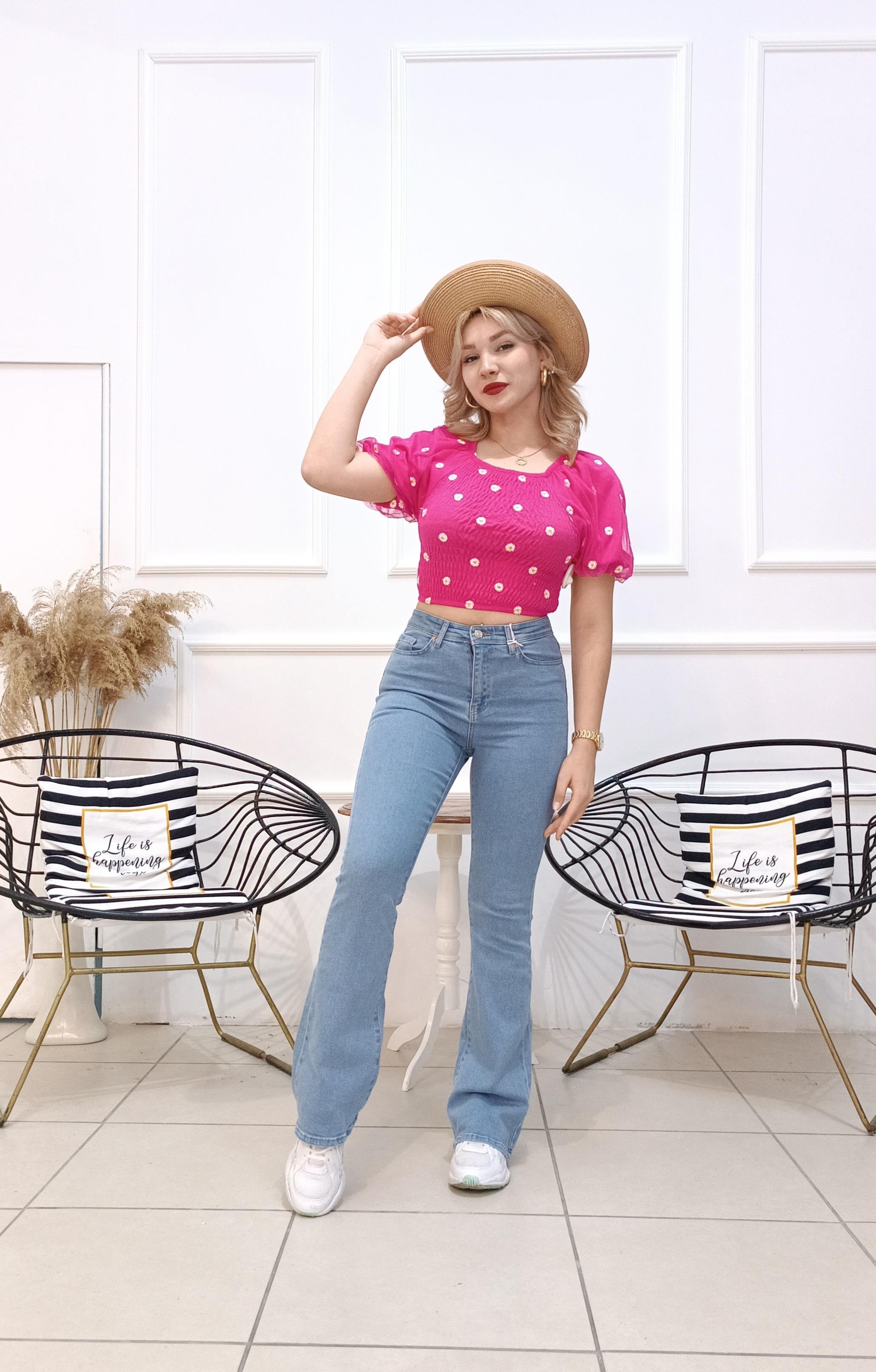 Papatya Desen Tül Kollu Crop Bluz