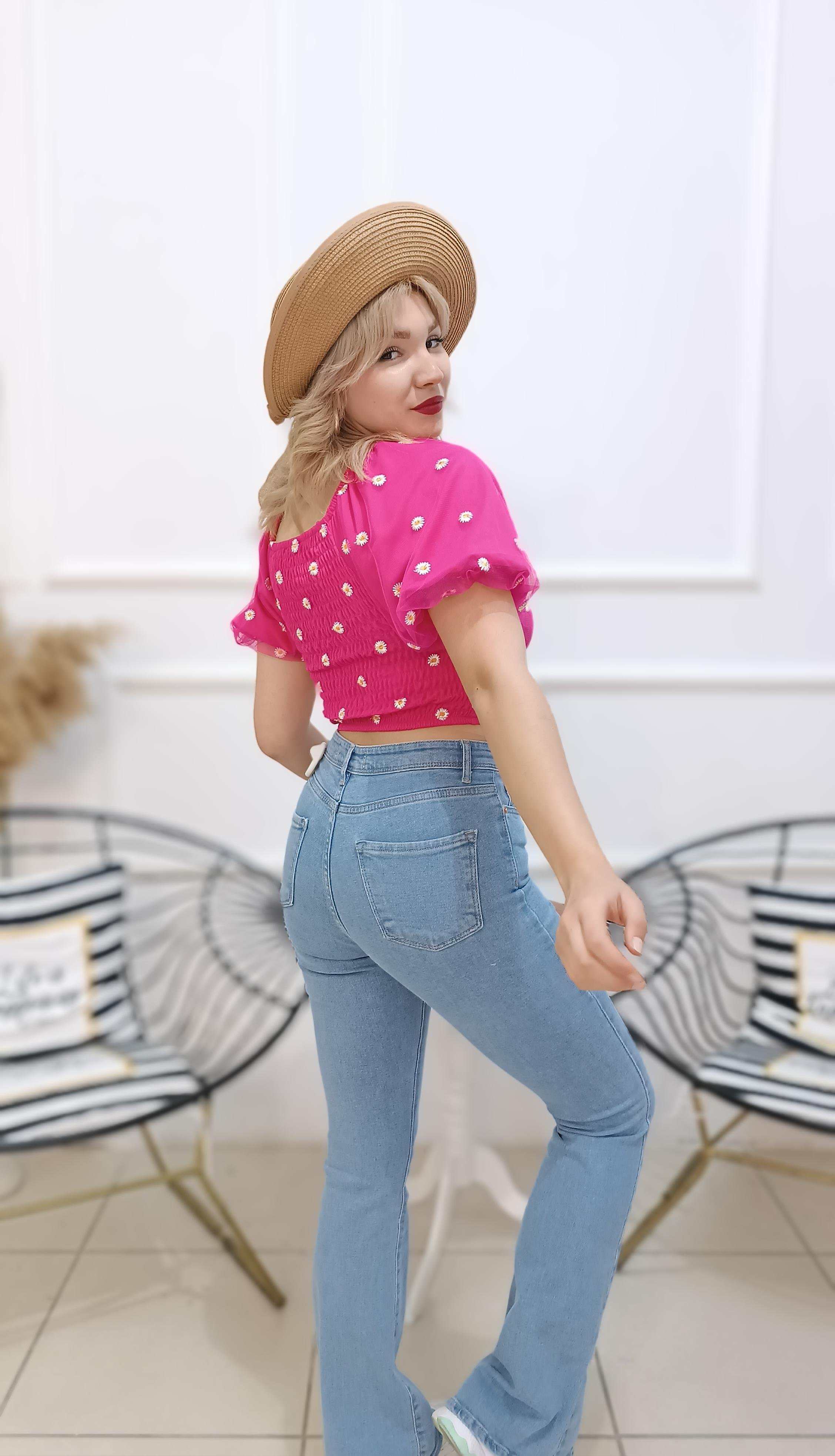 Papatya Desen Tül Kollu Crop Bluz