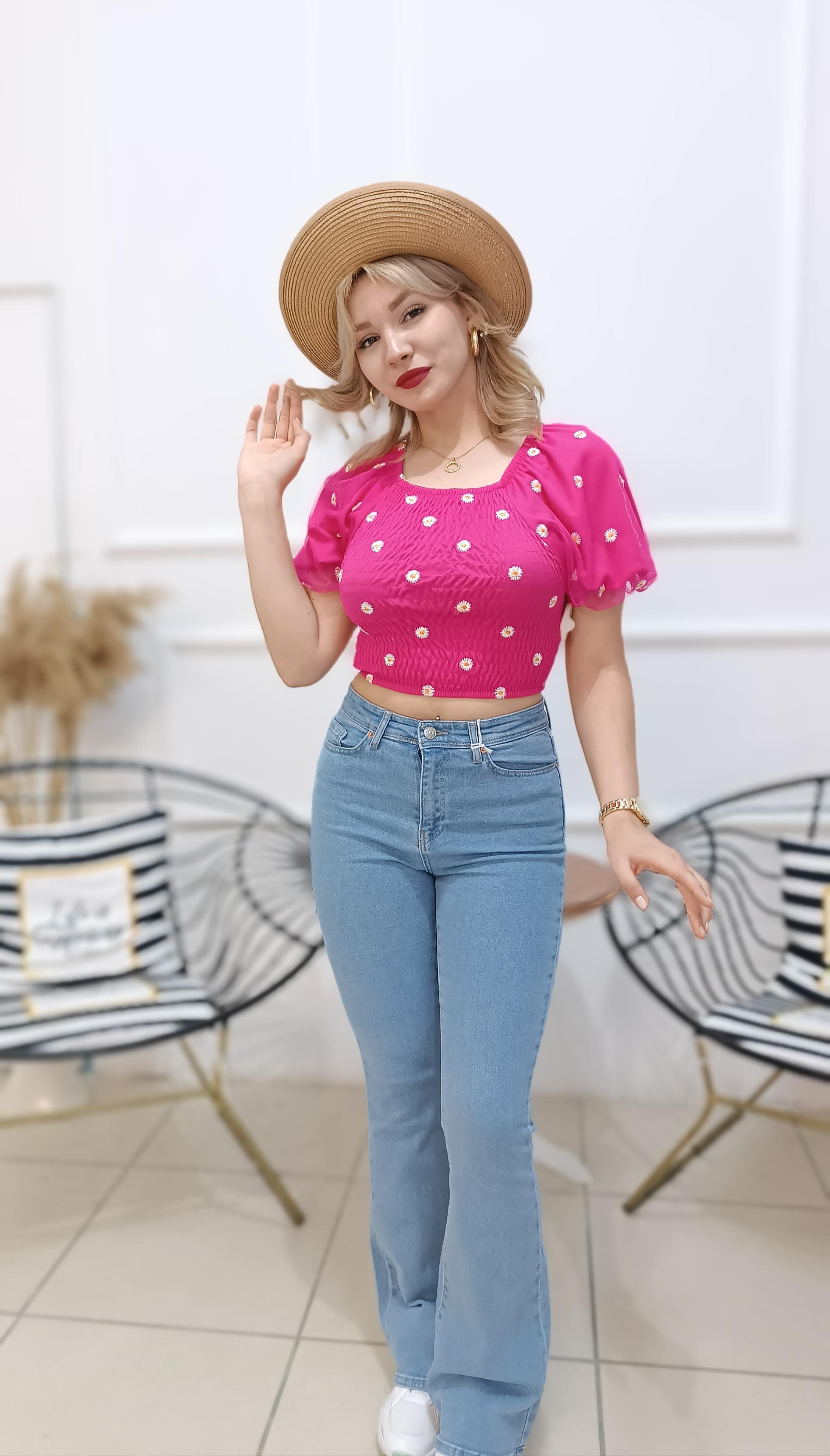 Papatya Desen Tül Kollu Crop Bluz