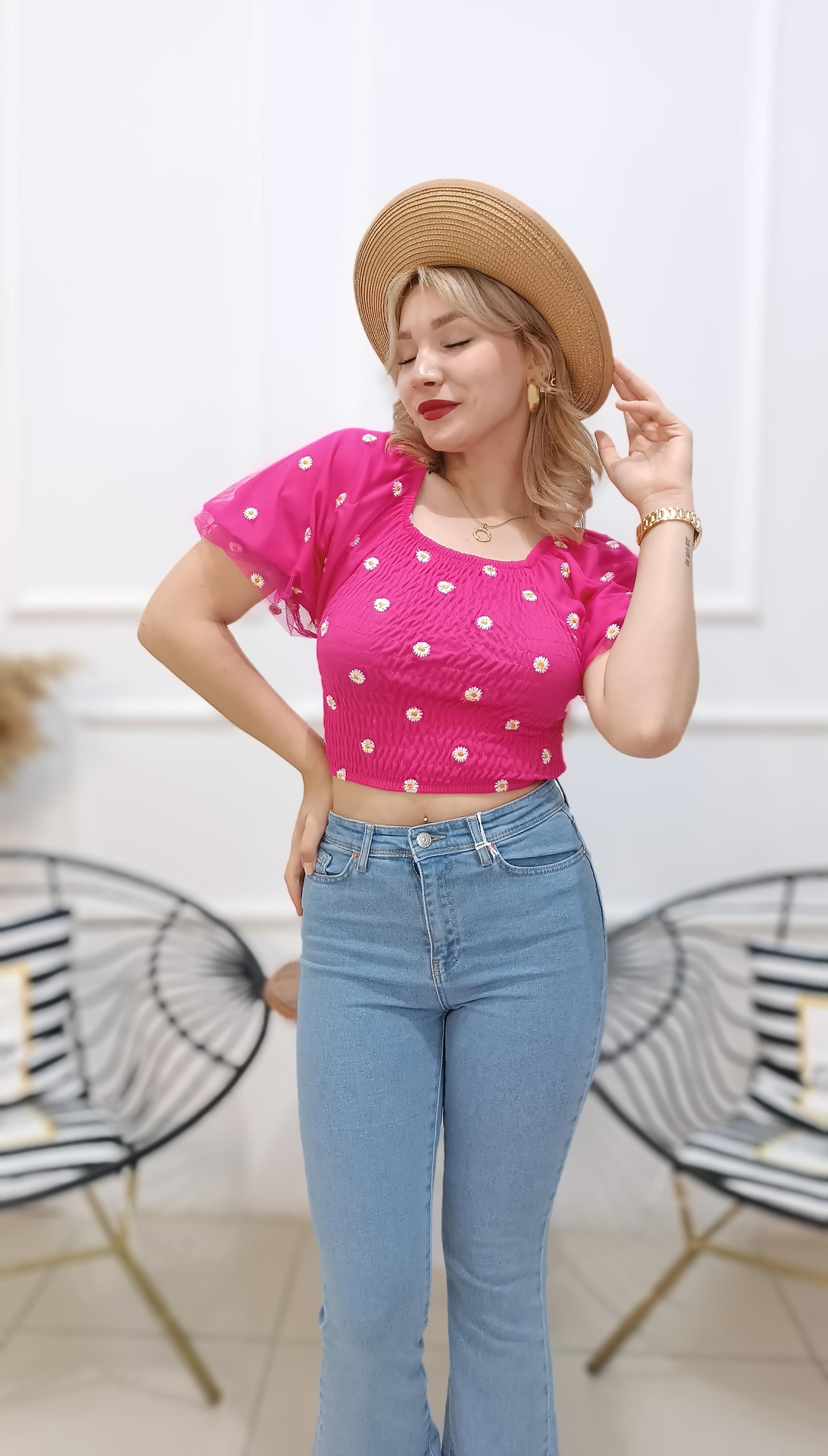 Papatya Desen Tül Kollu Crop Bluz