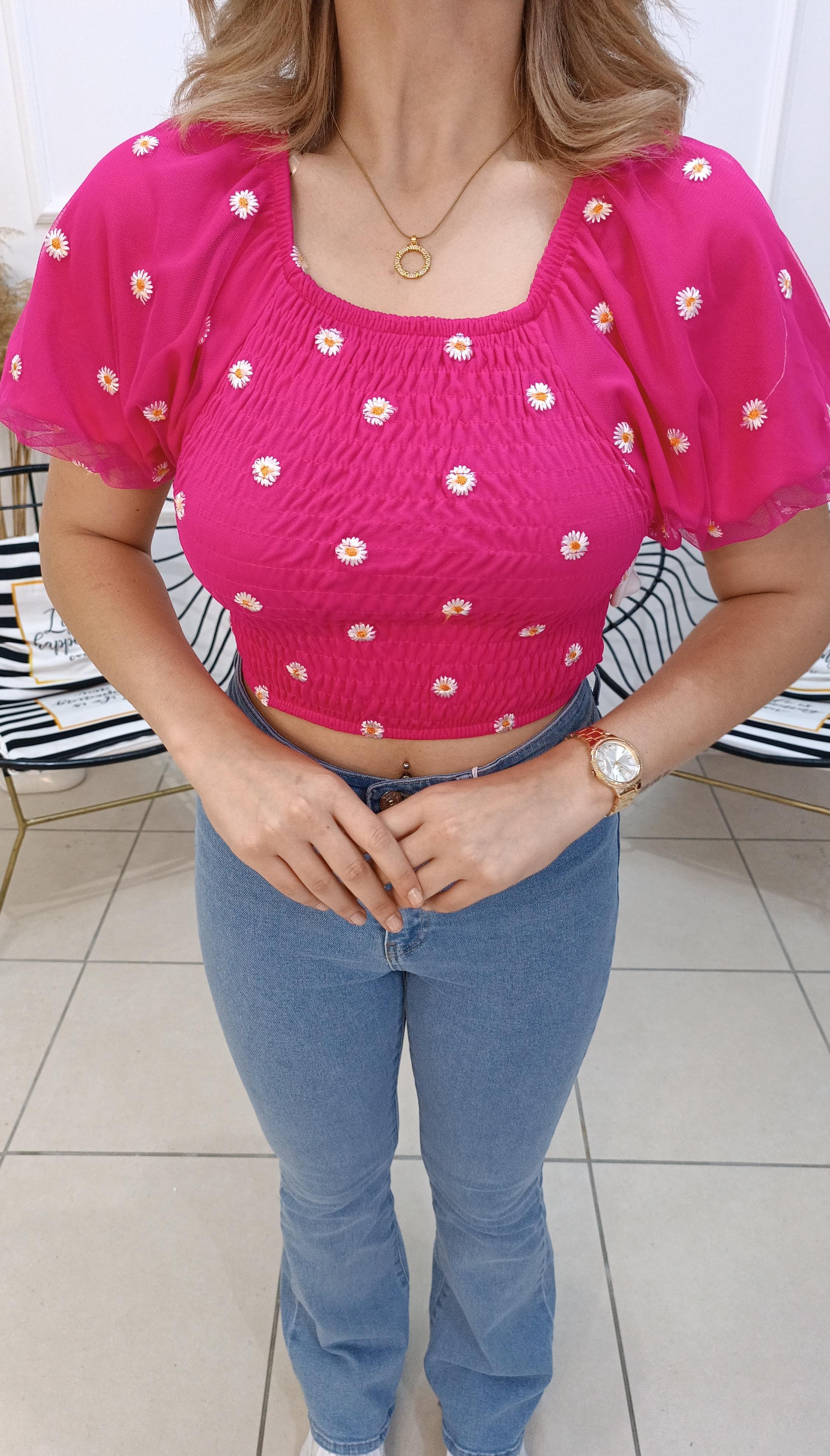 Papatya Desen Tül Kollu Crop Bluz