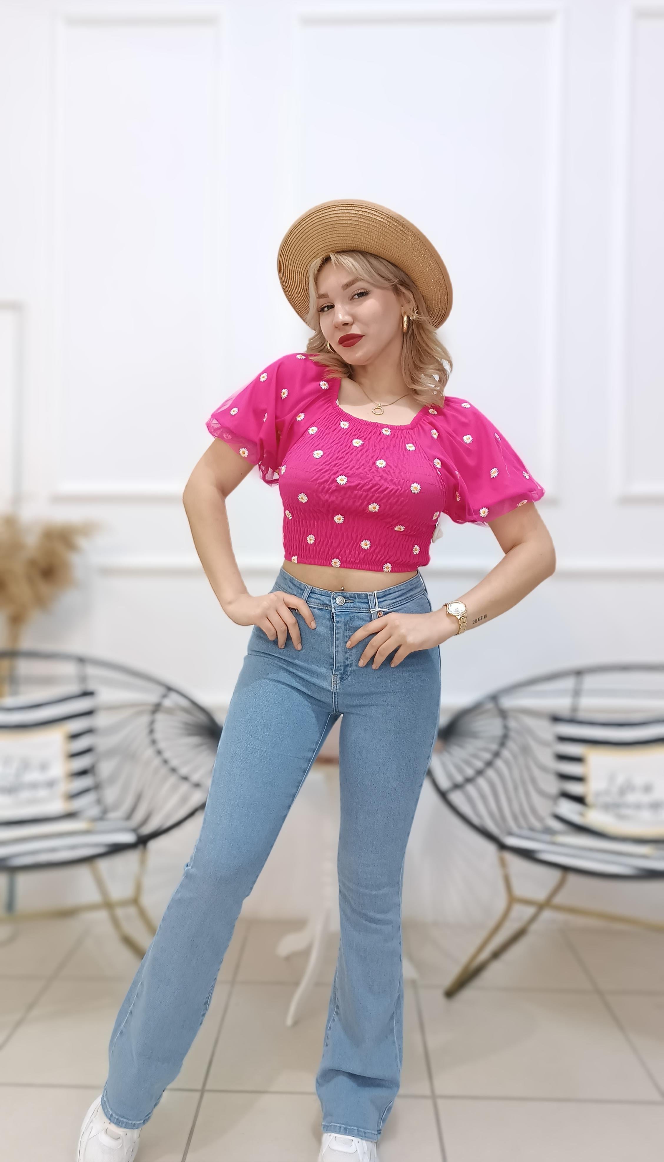 Papatya Desen Tül Kollu Crop Bluz
