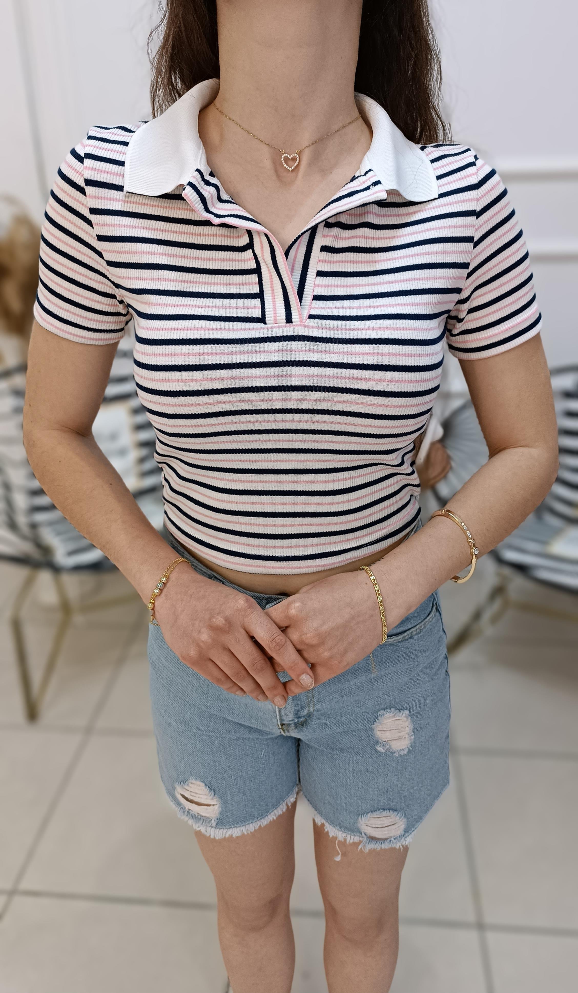 Polo Yaka Çizgili Fitilli Crop
