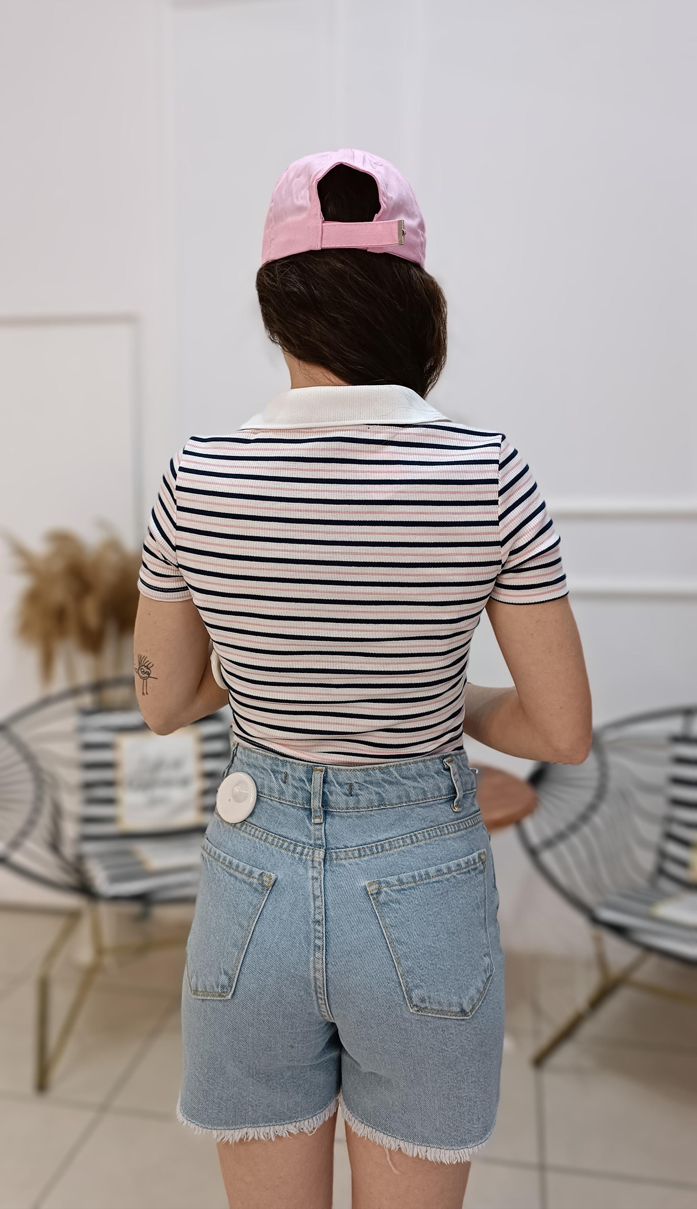 Polo Yaka Çizgili Fitilli Crop