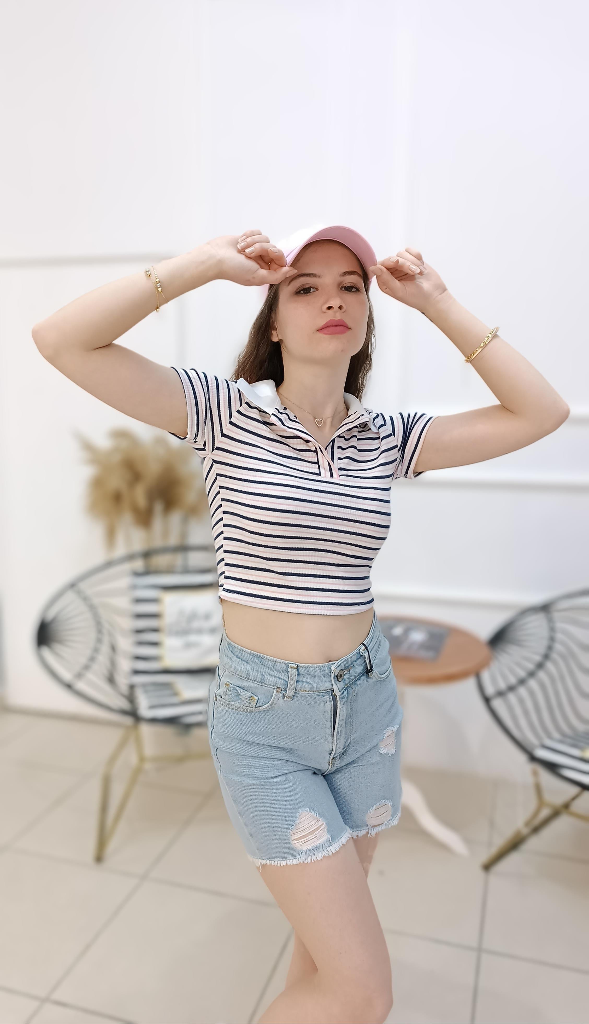 Polo Yaka Çizgili Fitilli Crop