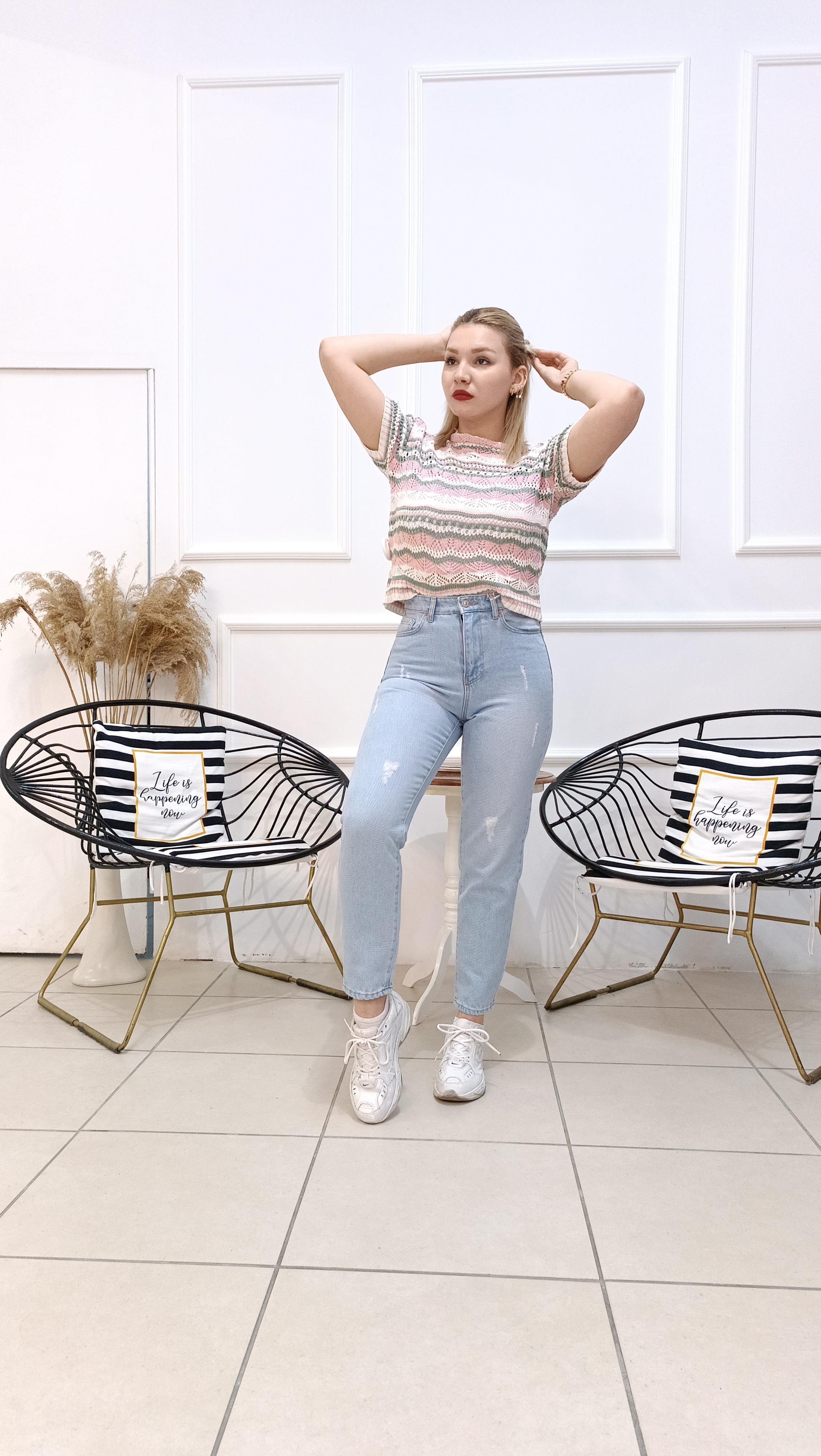 Soft Renk Geçişli Ajurlu Vintage Bluz