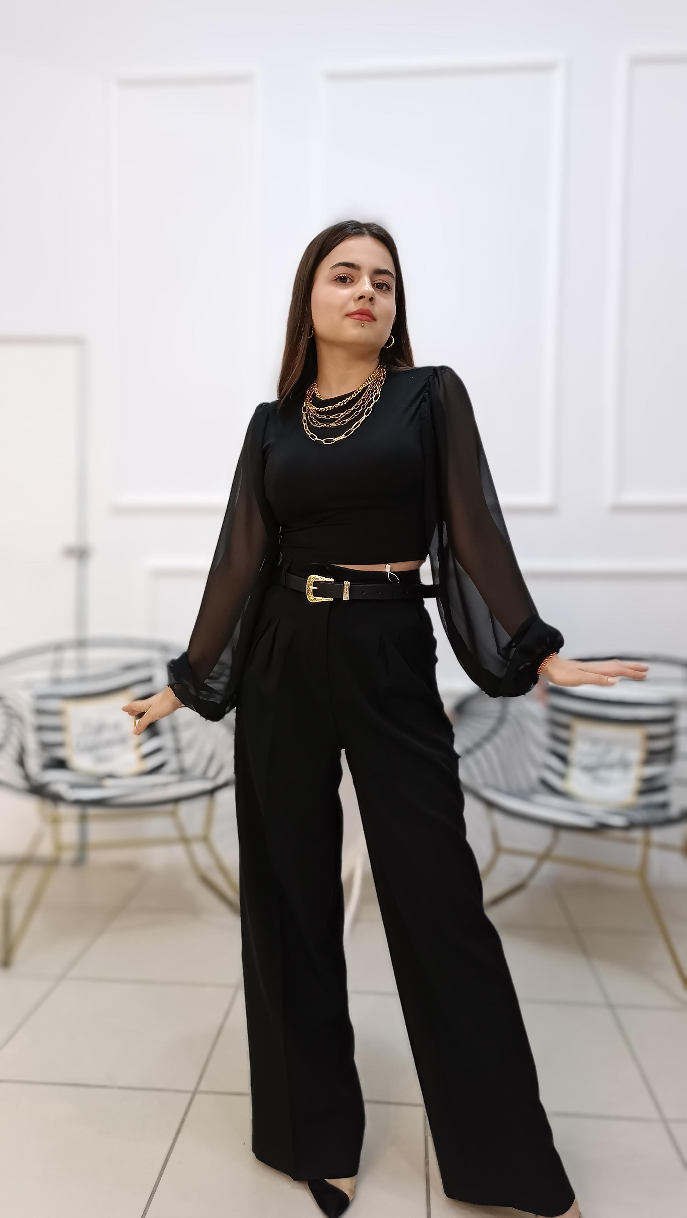 Tül kollu Croptop Bluz