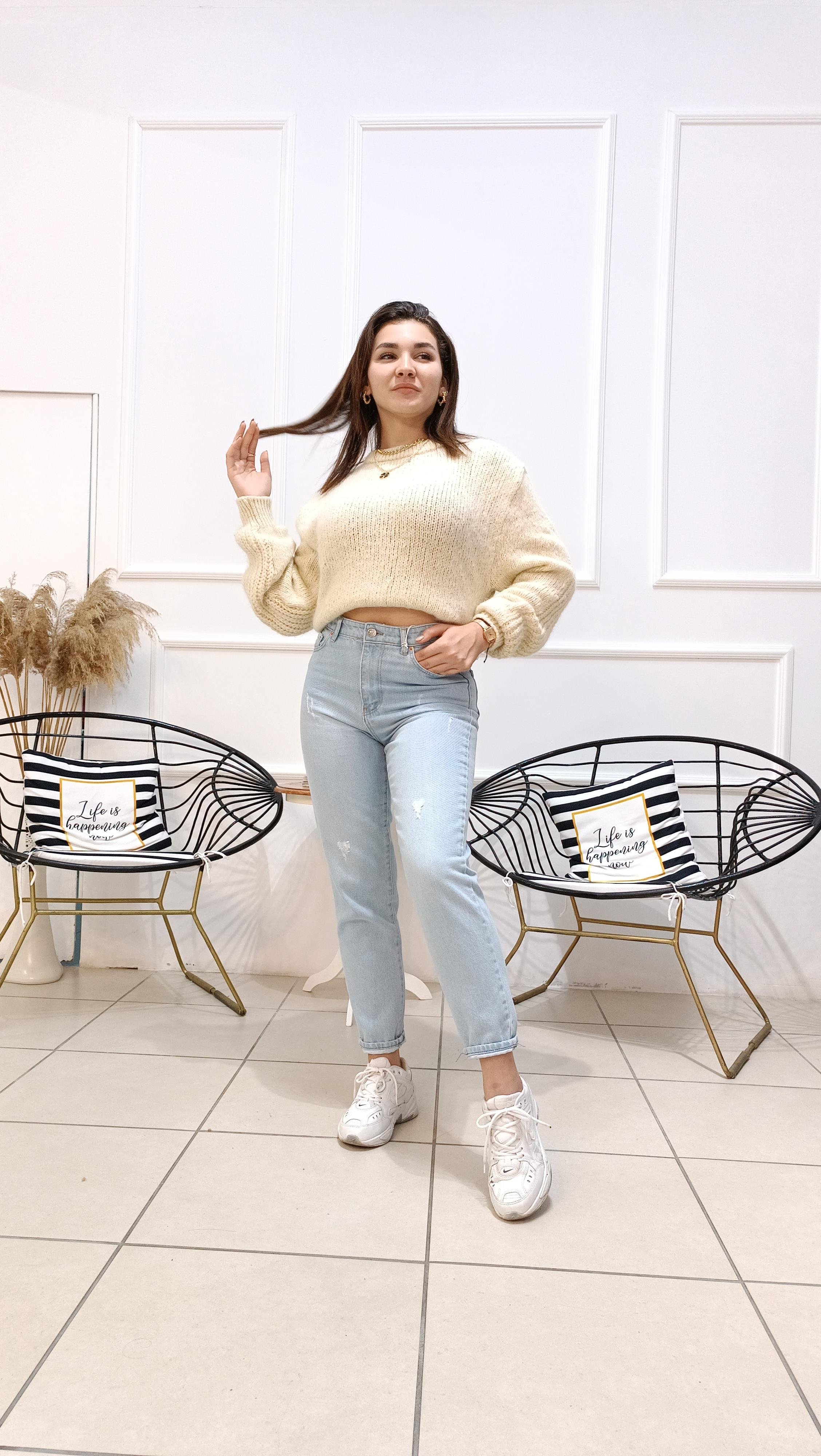 Yüksek Bel Buz Mavi Mom Jean