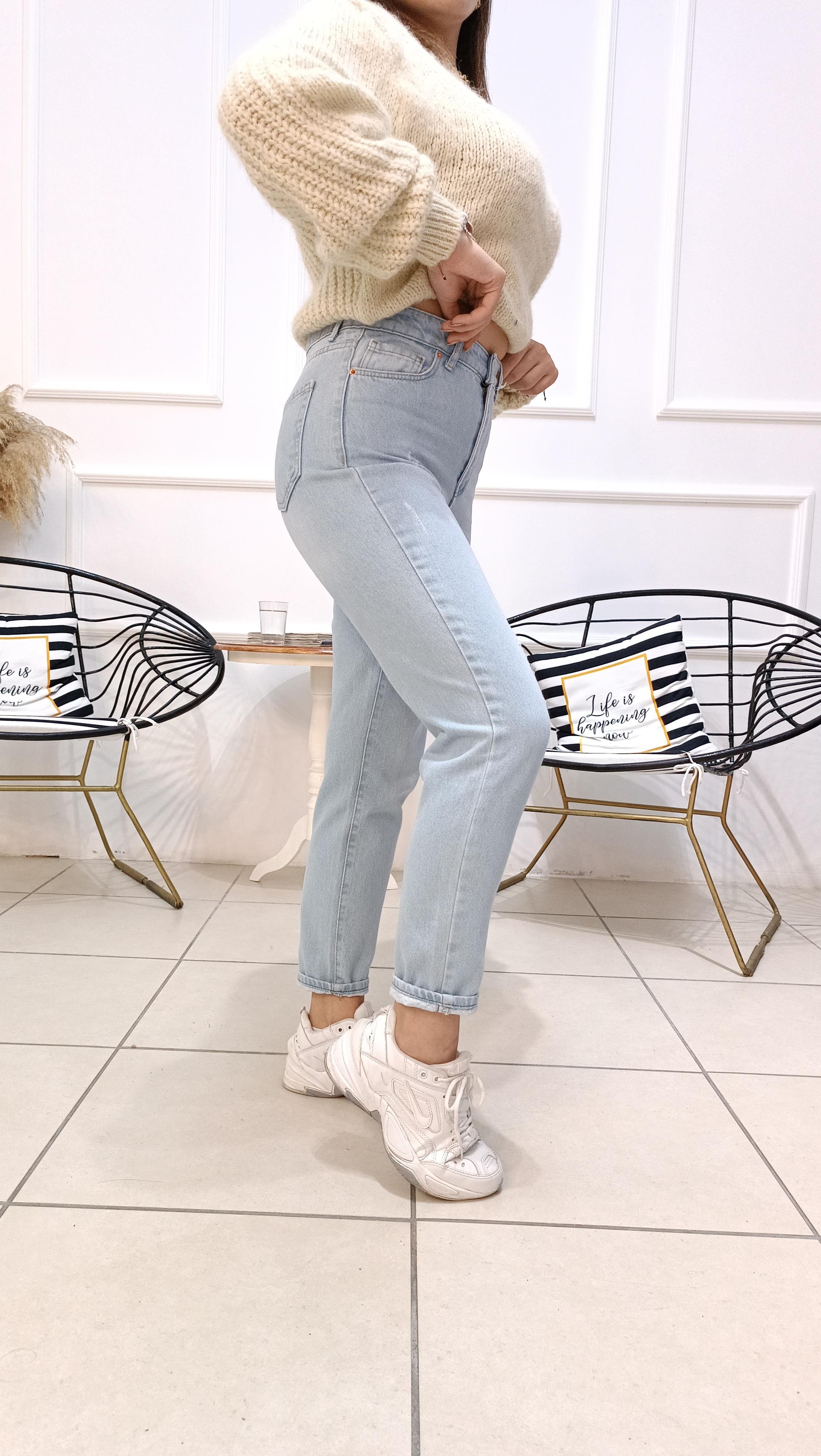 Yüksek Bel Buz Mavi Mom Jean