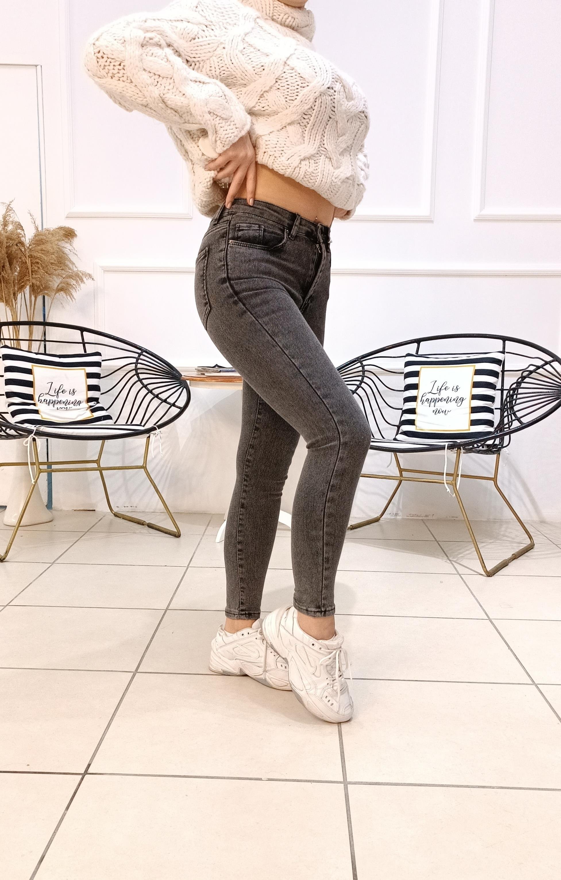 Yüksek bel likralı Antrasit Jean