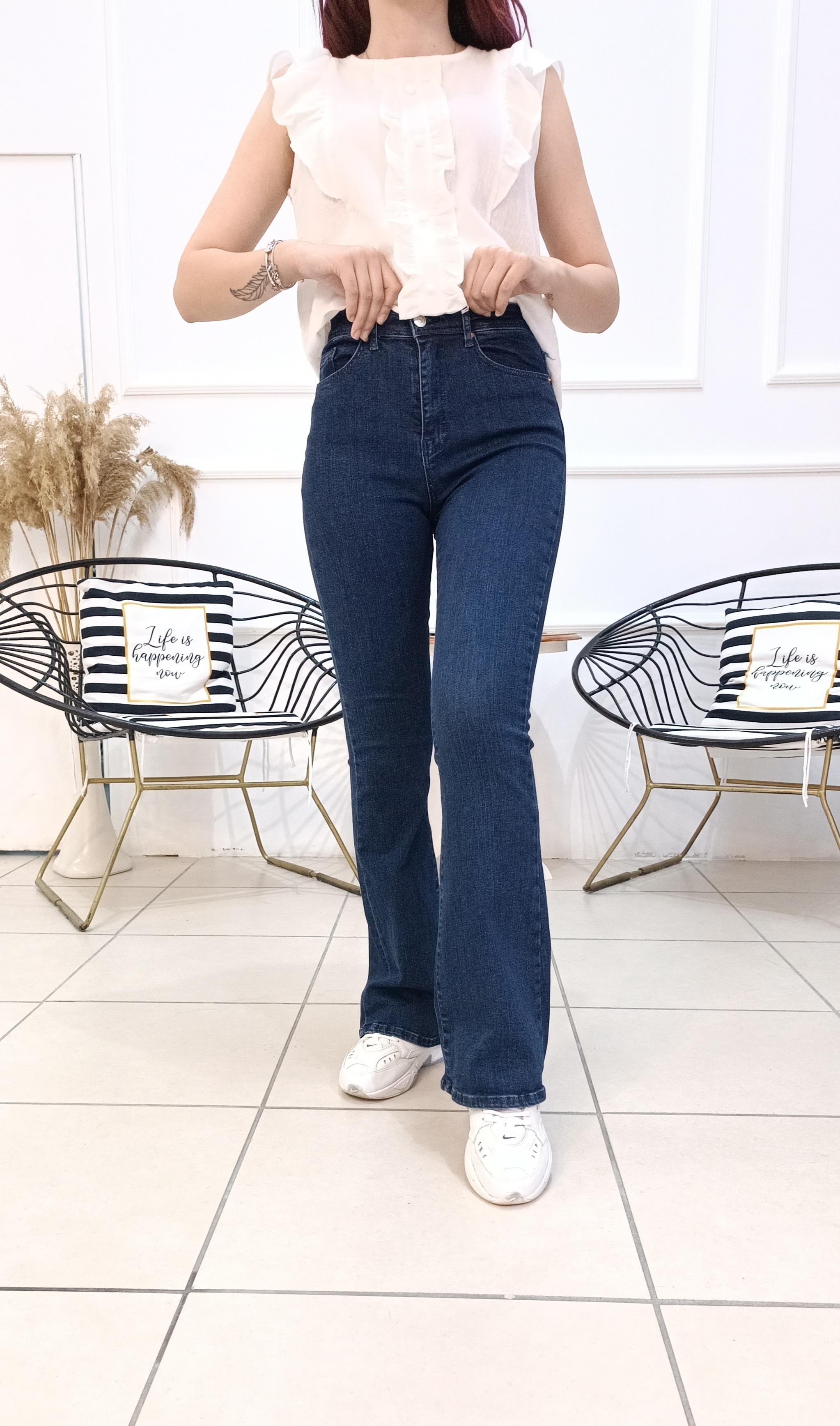 Yüksek Bel Likralı İspanyol Paça Jean