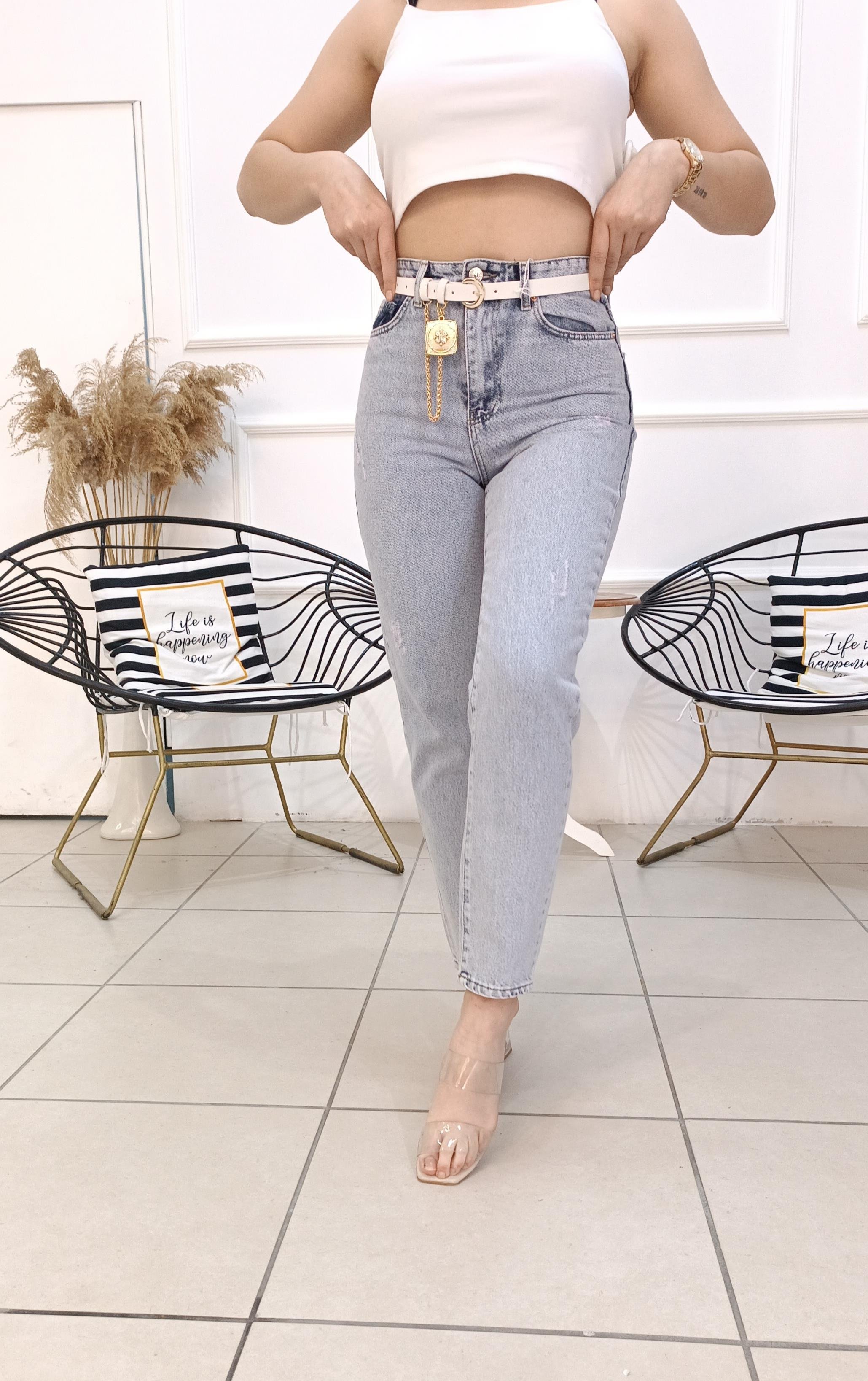 Yüksek Bel Likrasız Boyfriend Jean