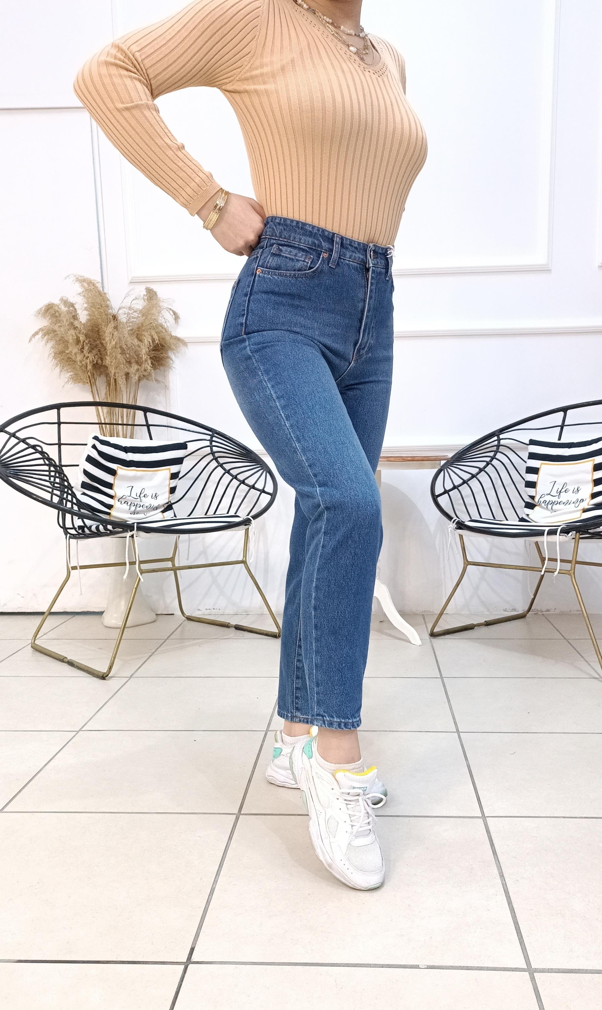Yüksek Bel Likrasız Mom Fit Laci Jean