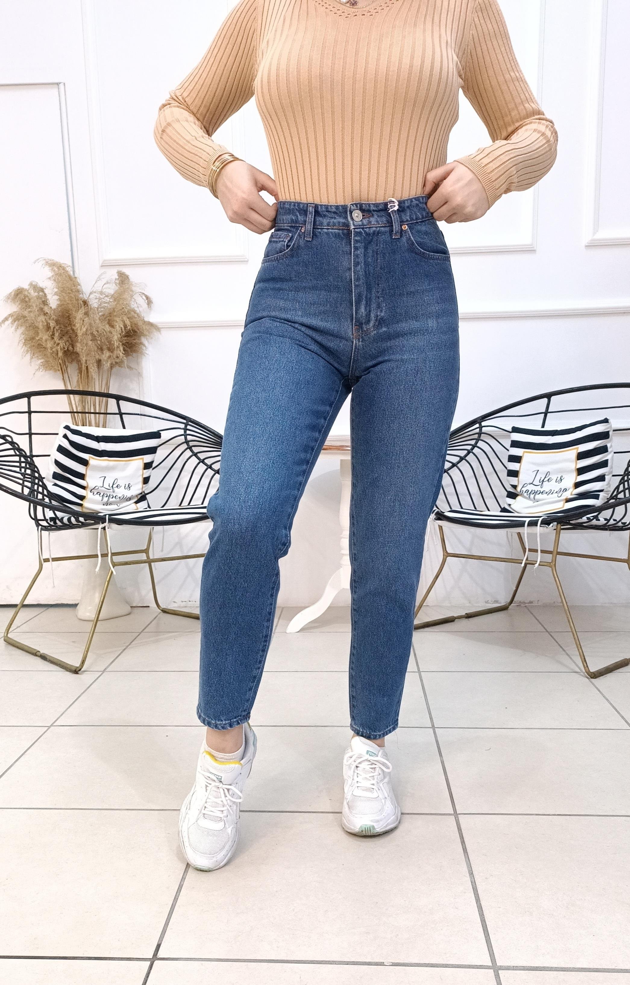 Yüksek Bel Likrasız Mom Fit Laci Jean