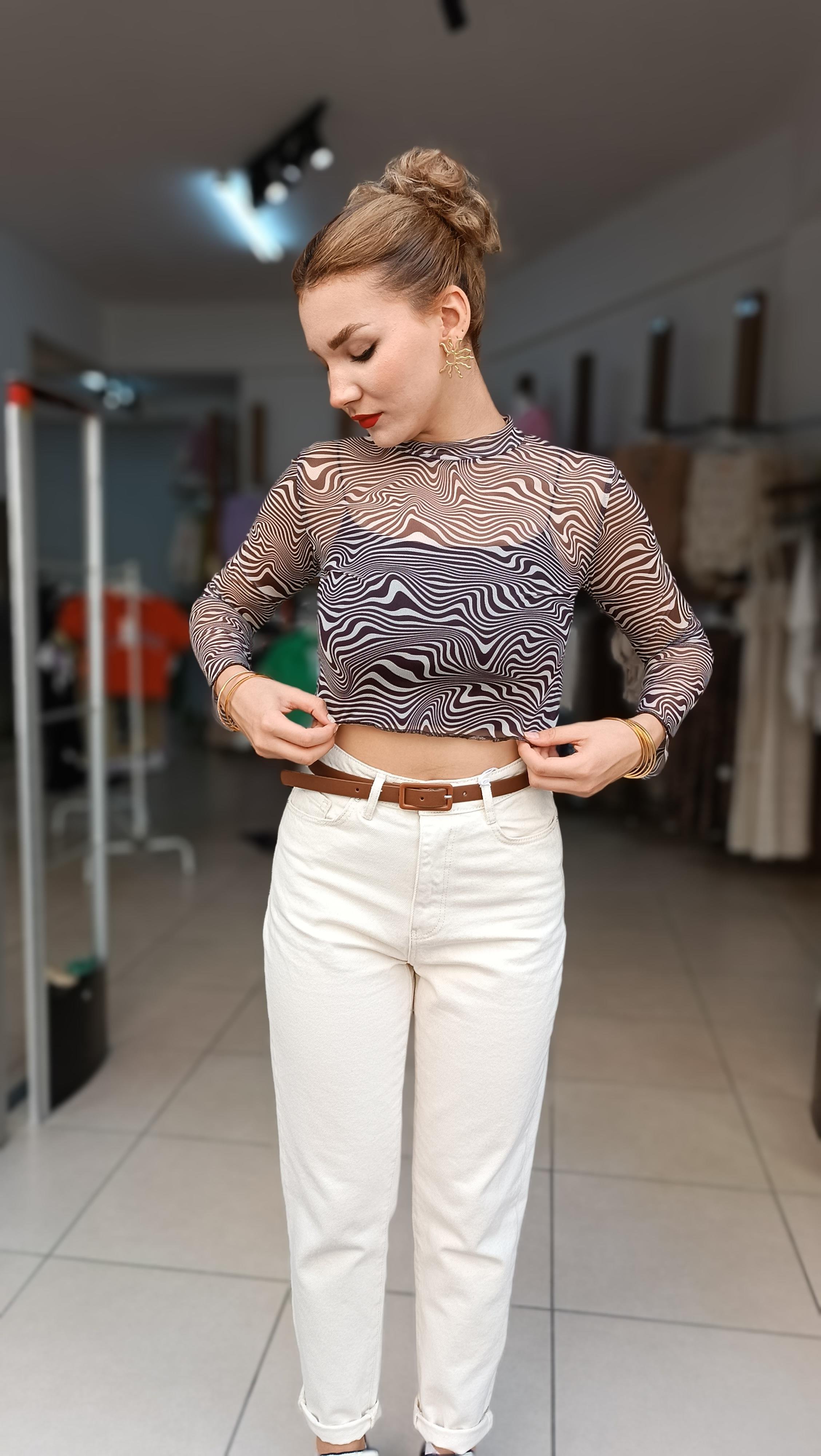 Zebra Desen Tül Crop