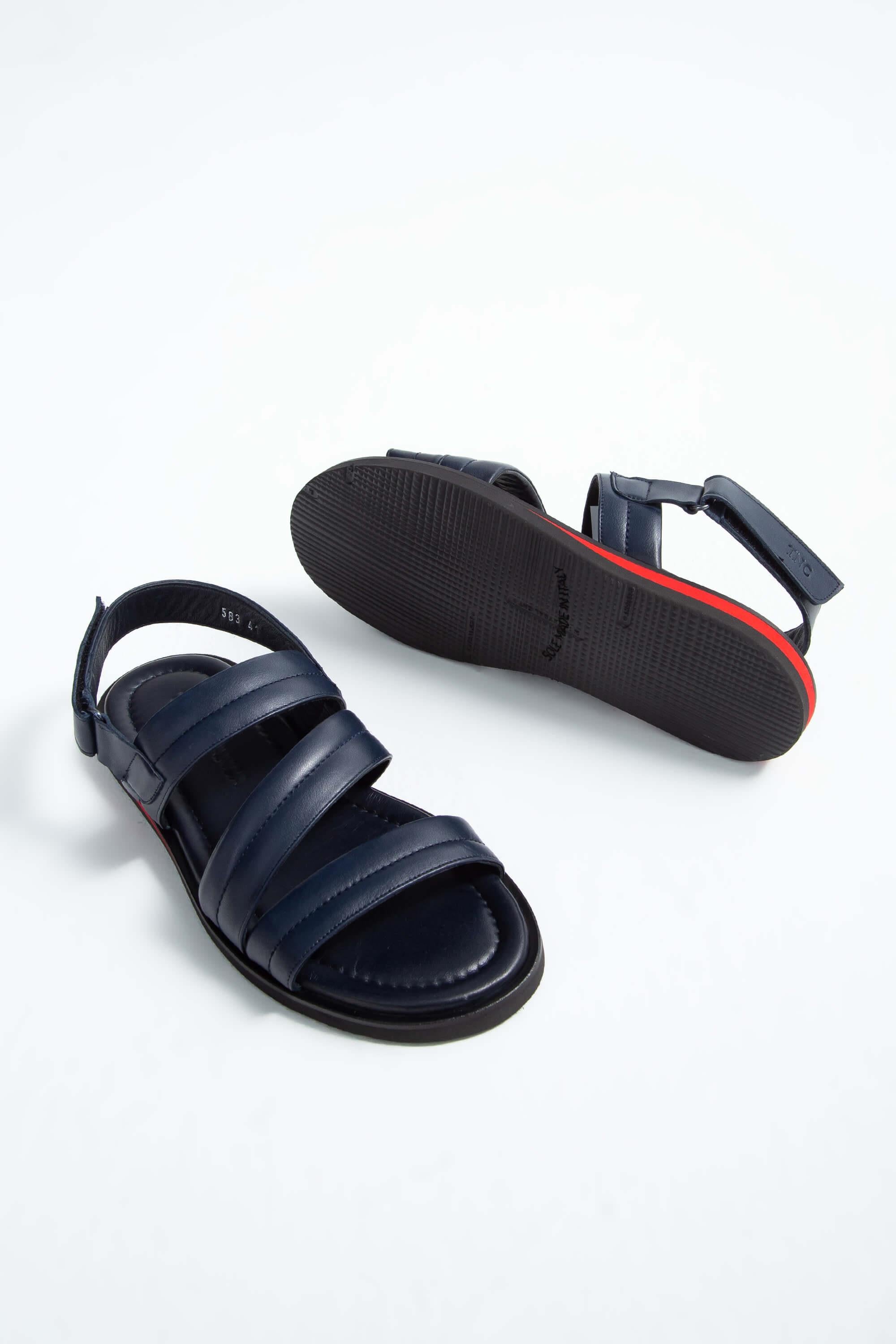 Tamer Tanca Lacivert Tamer Tanca Hakiki Erkek Deri Düz Sandalet