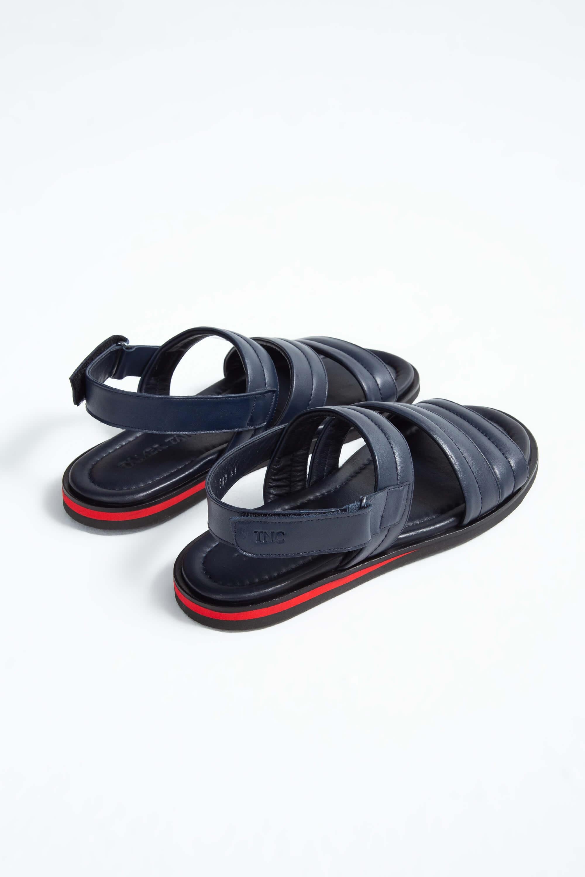 Tamer Tanca Lacivert Tamer Tanca Hakiki Erkek Deri Düz Sandalet