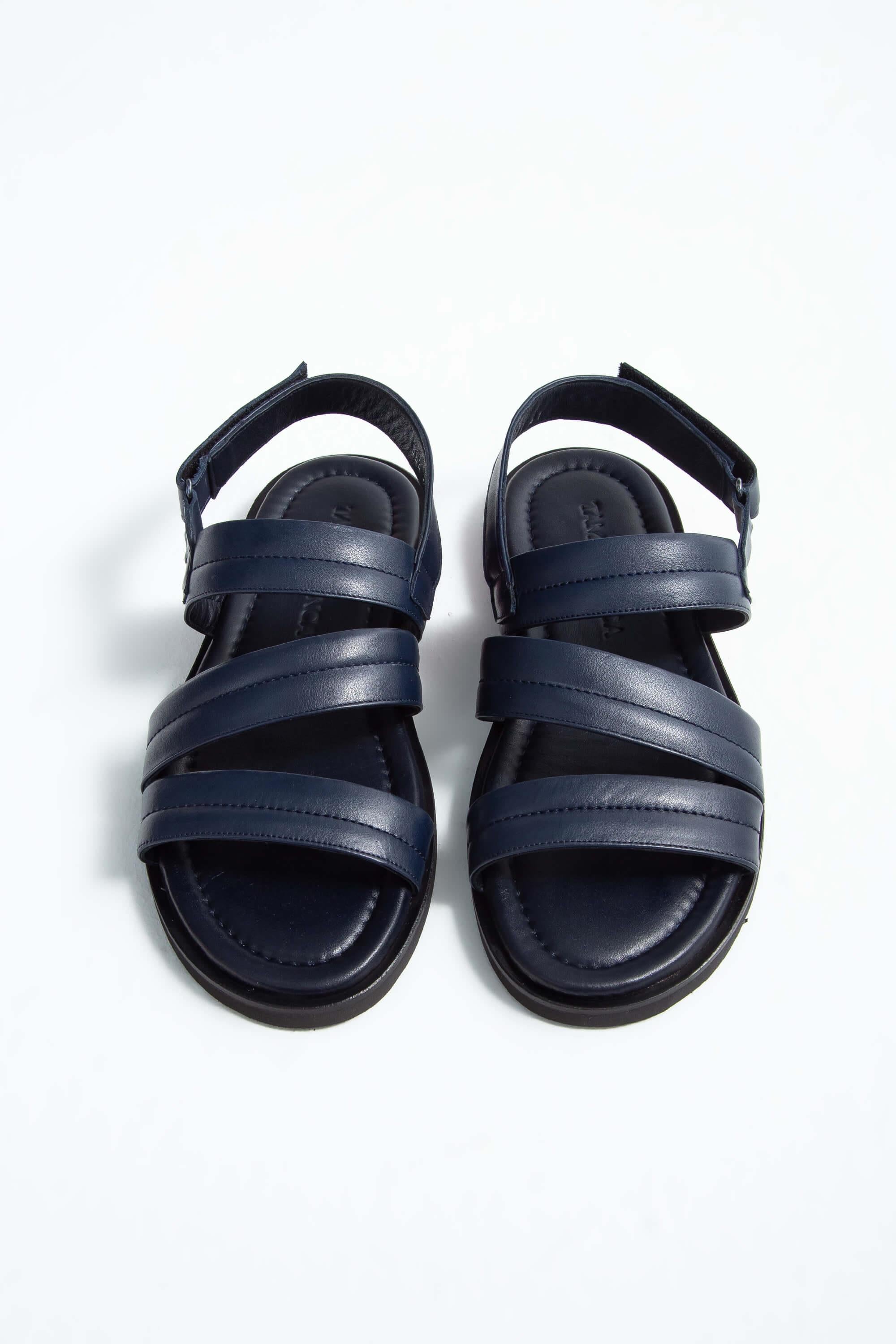 Tamer Tanca Lacivert Tamer Tanca Hakiki Erkek Deri Düz Sandalet