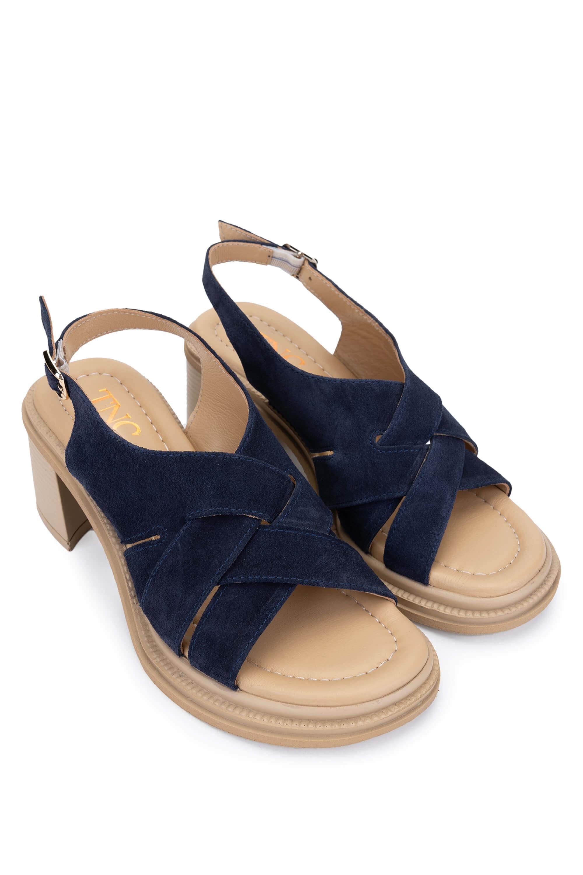 Tamer Tanca Lacivert Süet Tamer Tanca Hakiki Deri Kadın Topuklu Sandalet