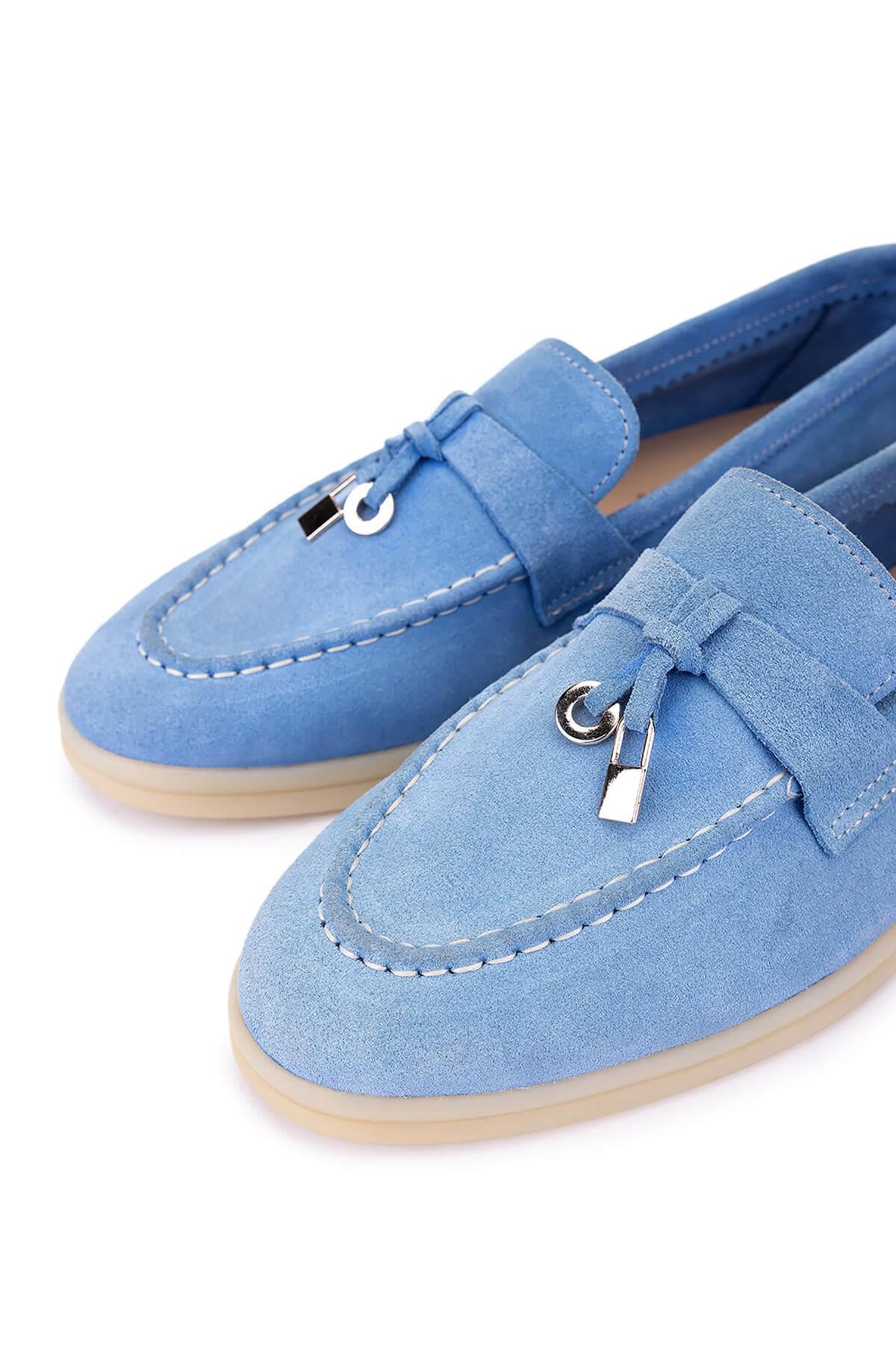 Tamer Tanca Mavi Deri Tamer Tanca Hakiki Kadın Loafer Ayakkabı