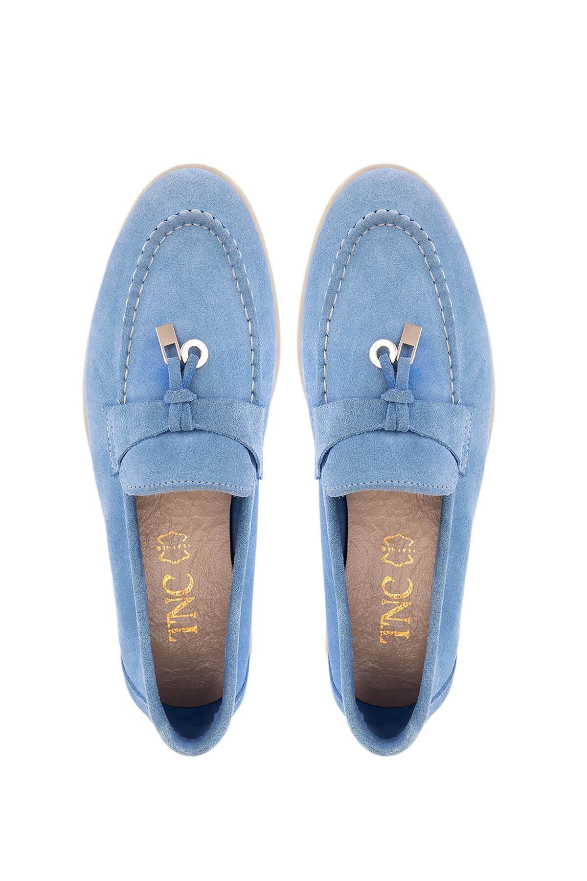 Tamer Tanca Mavi Deri Tamer Tanca Hakiki Kadın Loafer Ayakkabı
