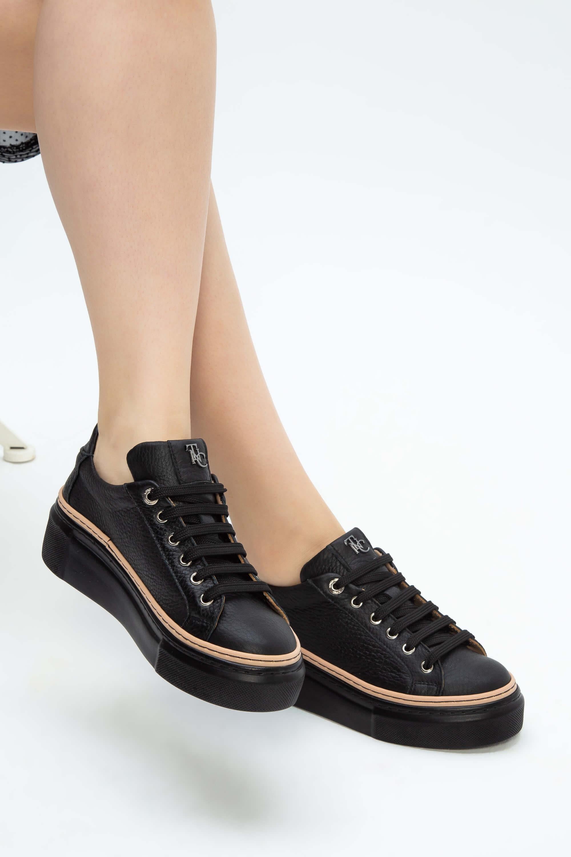 Tamer Tanca Siyah Floter Tamer Tanca Hakiki Kadın Deri Sneakers Spor Ayakkabı