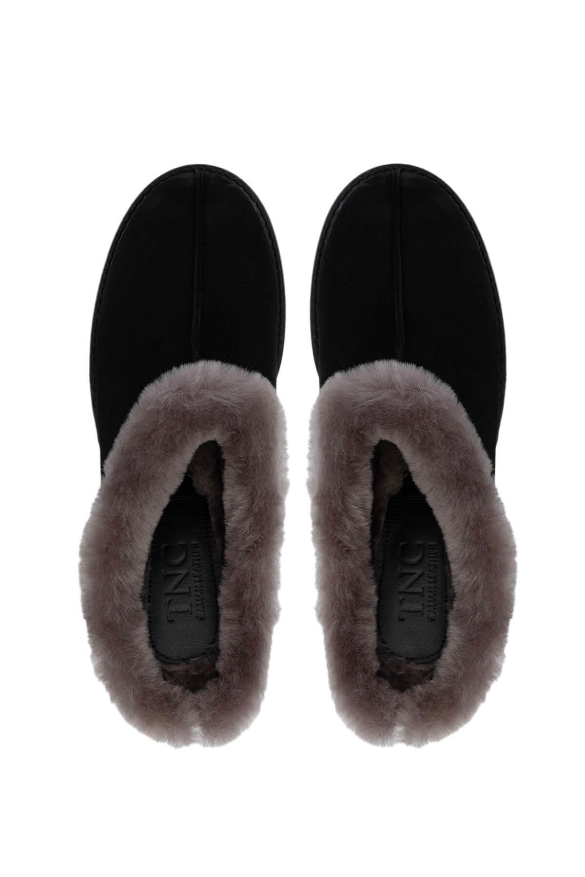 Tamer Tanca Siyah Nubuk Tamer Tanca Hakiki Deri Kadın Topuklu Terlik