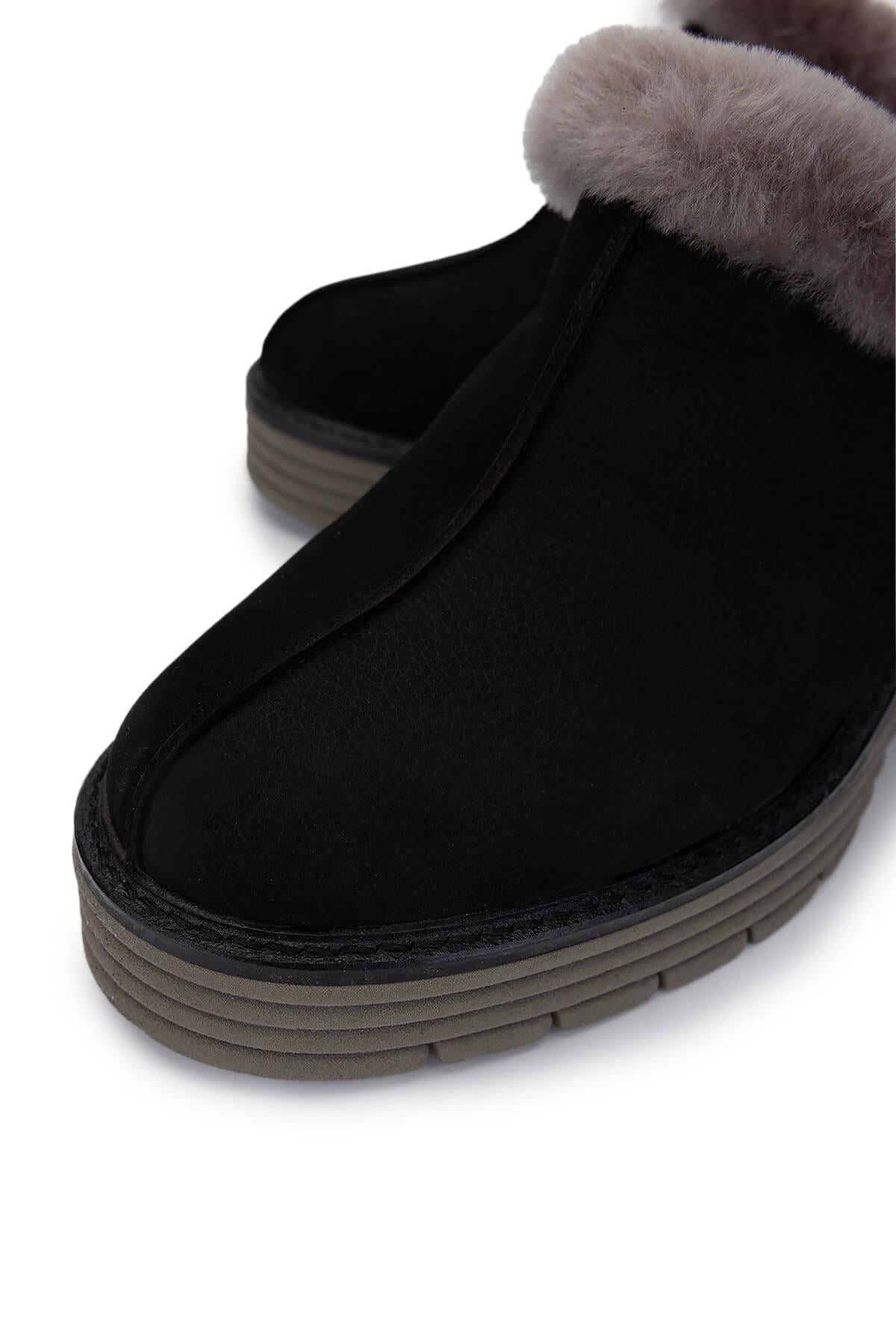 Tamer Tanca Siyah Nubuk Tamer Tanca Hakiki Deri Kadın Topuklu Terlik