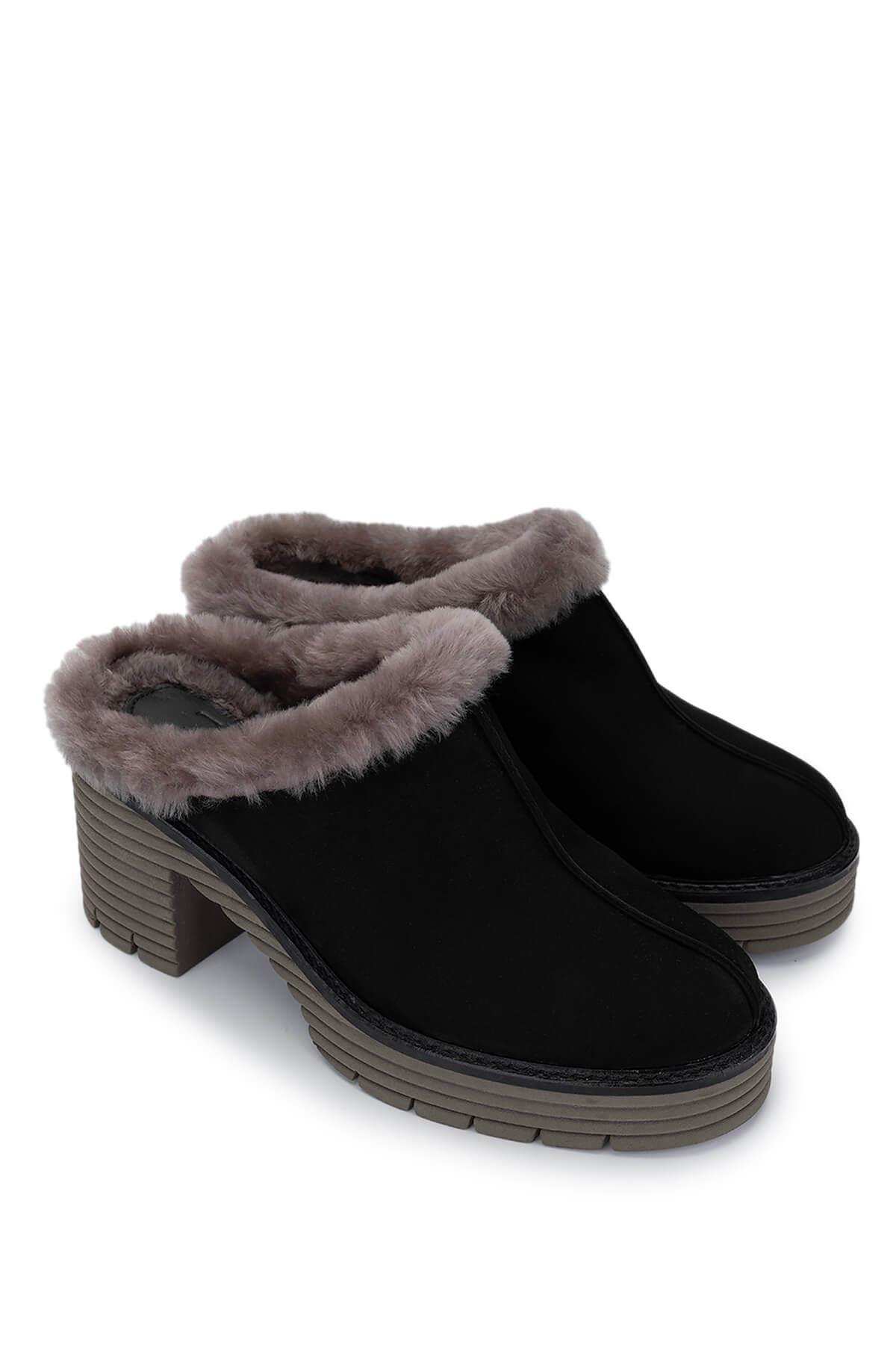 Tamer Tanca Siyah Nubuk Tamer Tanca Hakiki Deri Kadın Topuklu Terlik