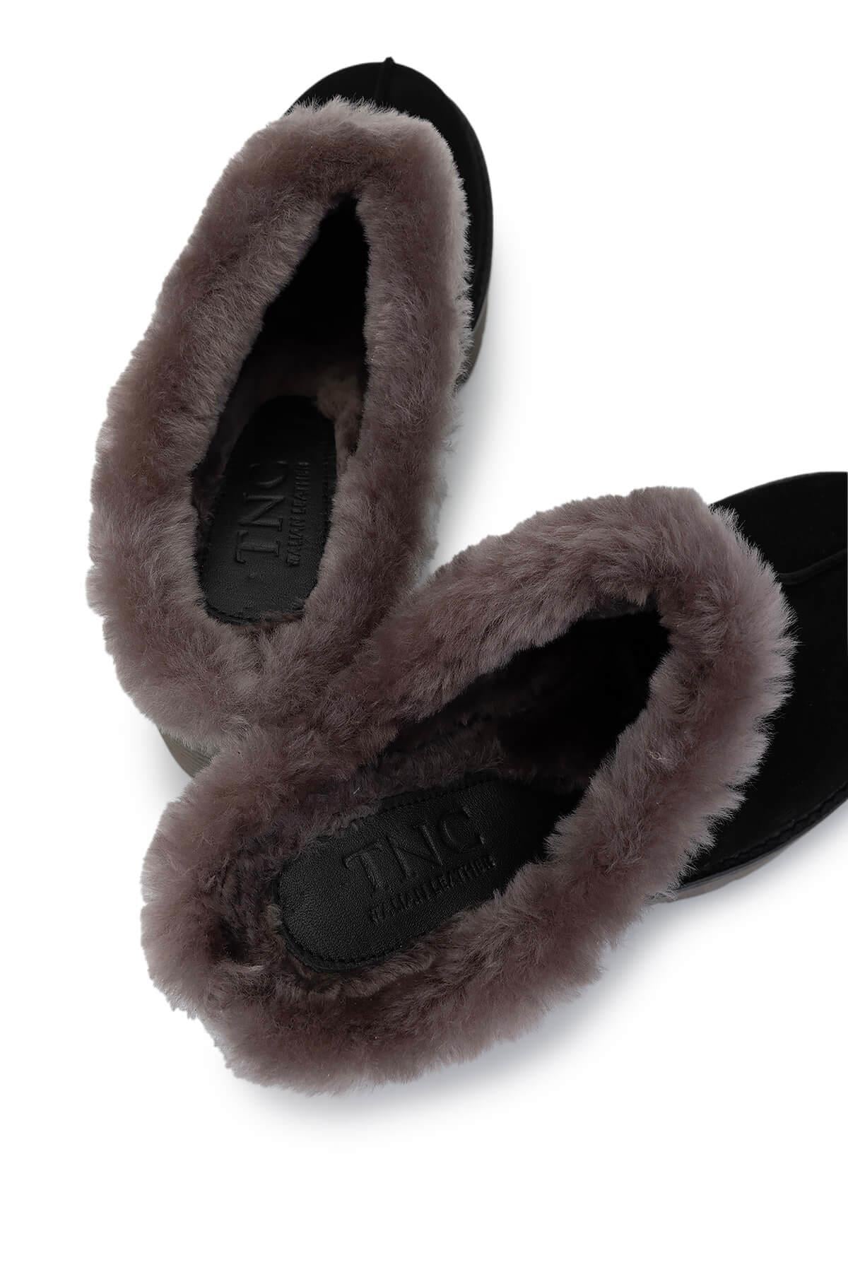 Tamer Tanca Siyah Nubuk Tamer Tanca Hakiki Deri Kadın Topuklu Terlik