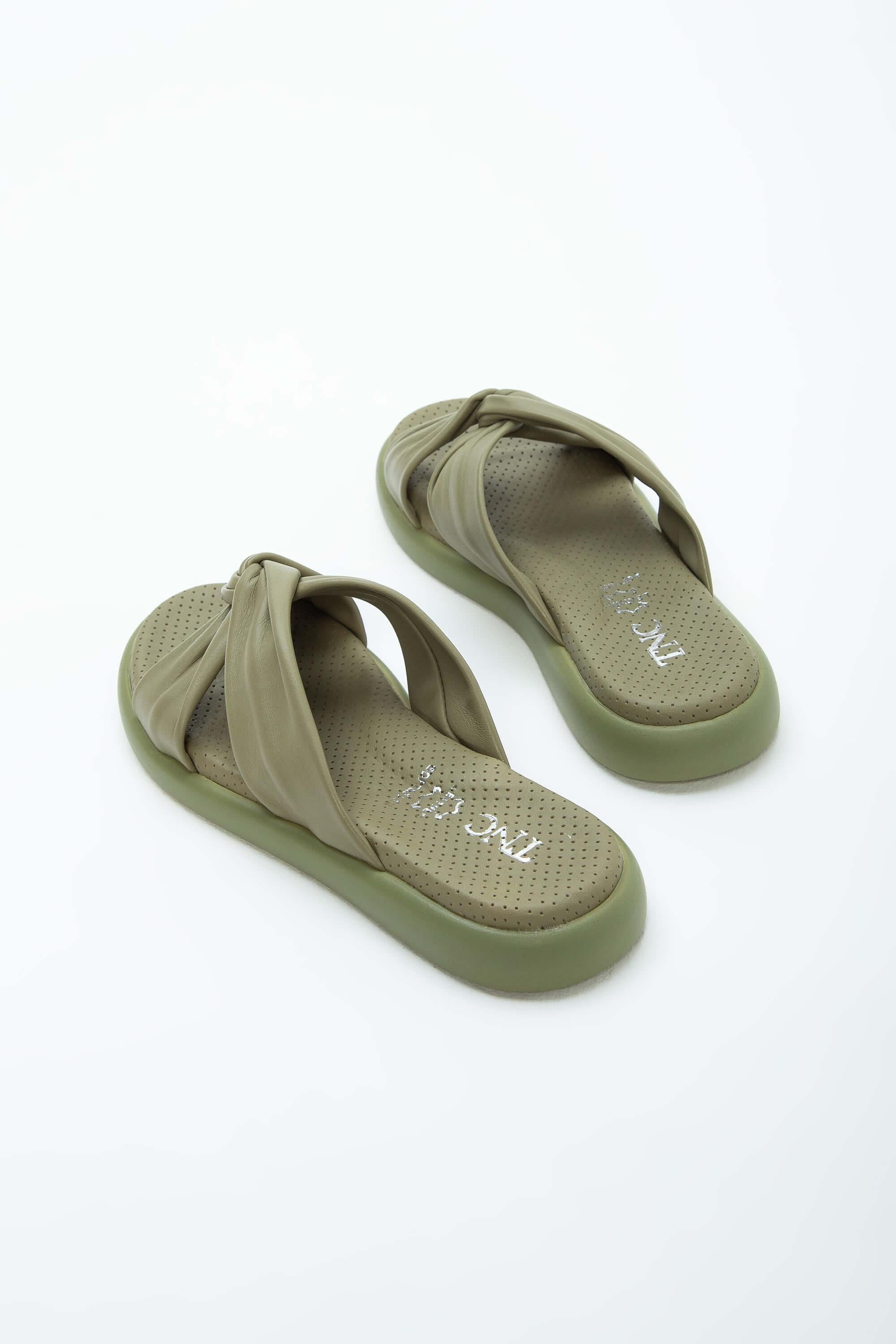 Tamer Tanca Yeşil Tamer Tanca Hakiki Kadın Deri Düz Terlik