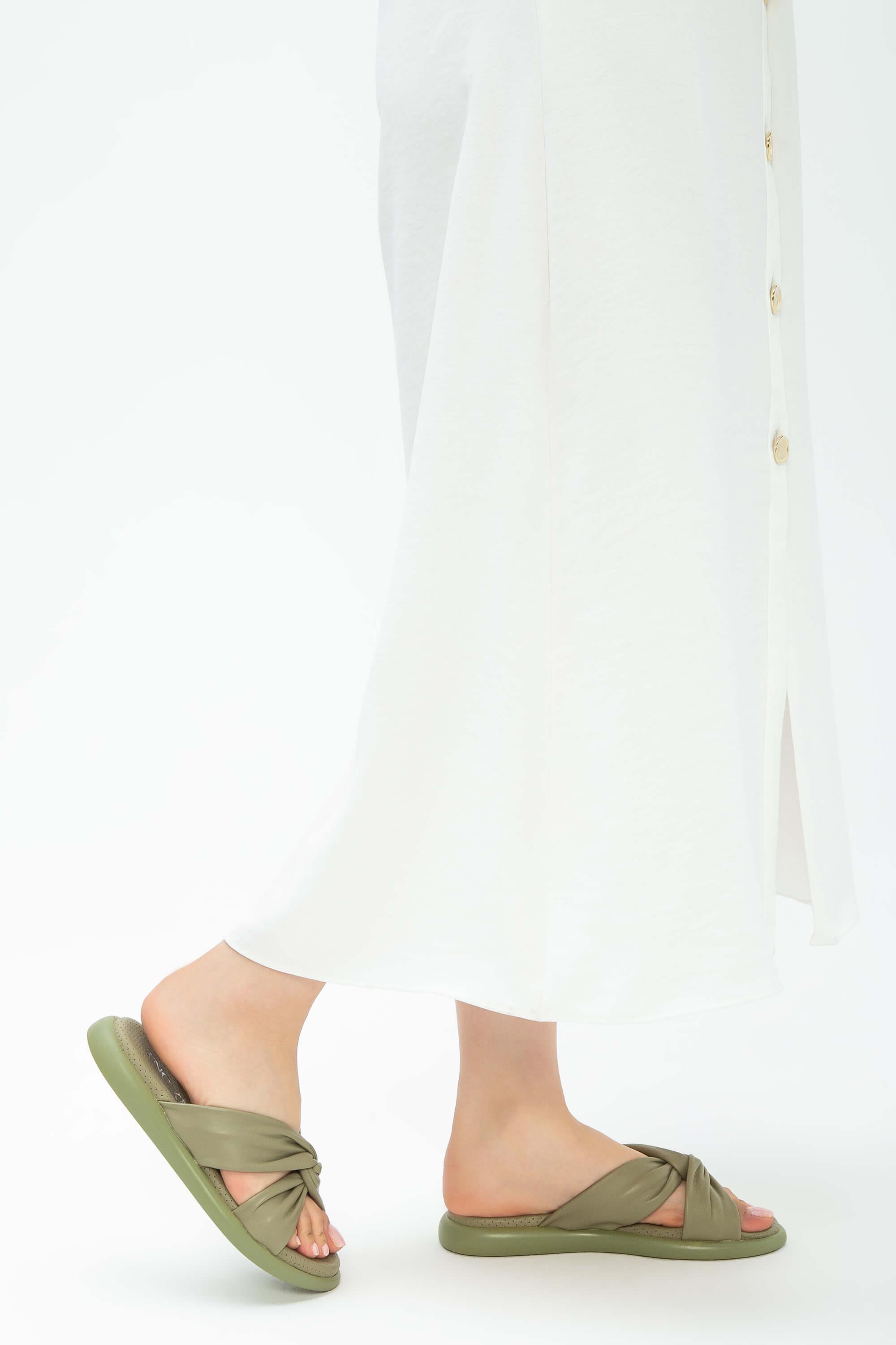 Tamer Tanca Yeşil Tamer Tanca Hakiki Kadın Deri Düz Terlik