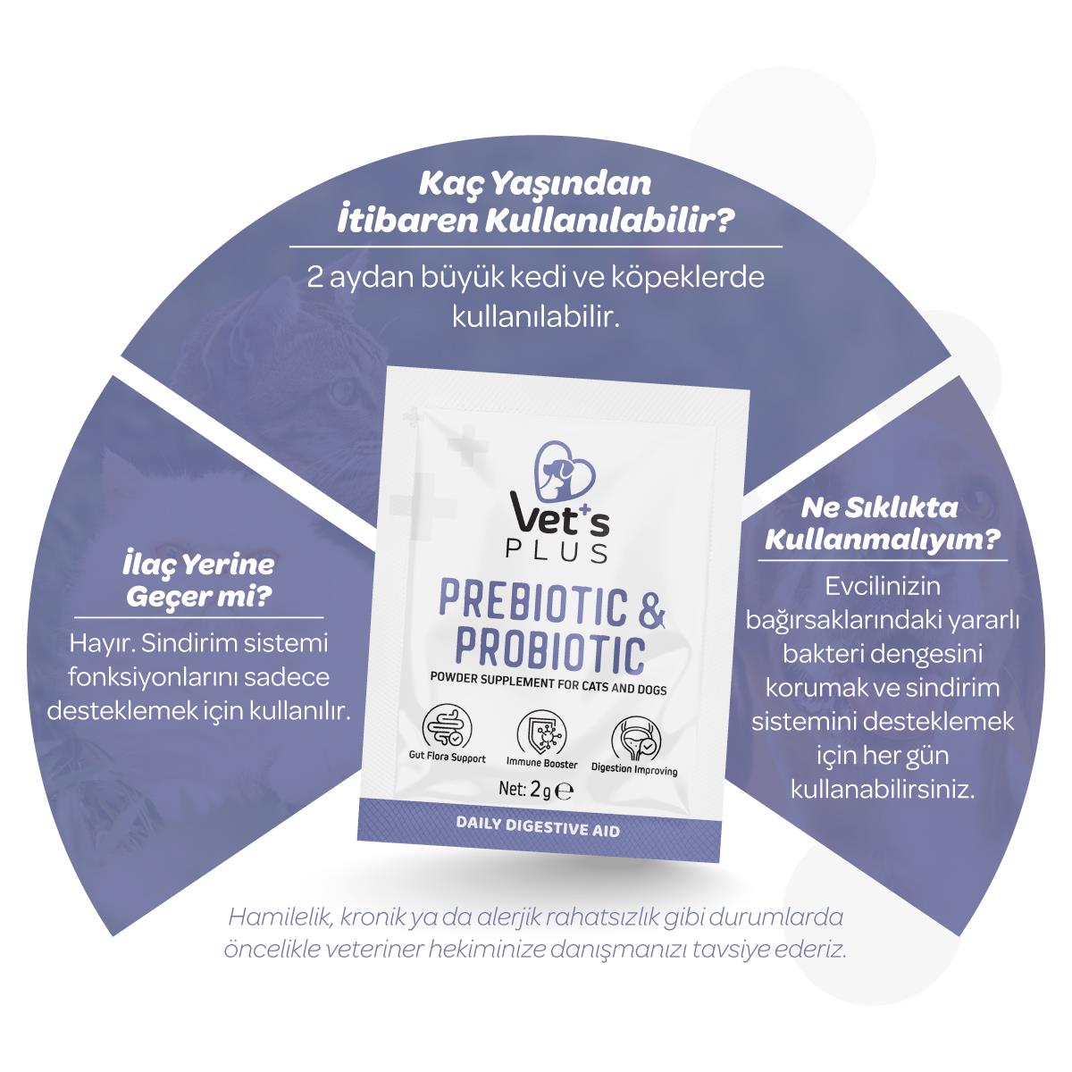 Vet's Plus Kedi ve Köpekler İçin Prebiyotik ve Probiyotik Toz 2gr (30'lu)