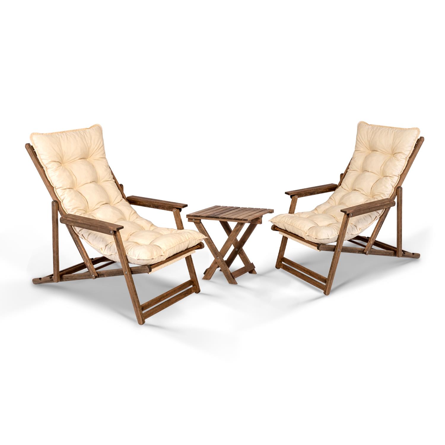 Bahex Loft 2+1 Ahşap Kollu Şezlong Set 