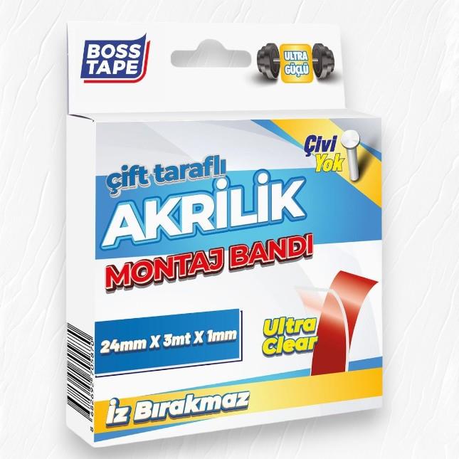 Boss Tape Çift Taraflı Akrilik Montaj Bandı- 18mmx3mt Şeffaf
