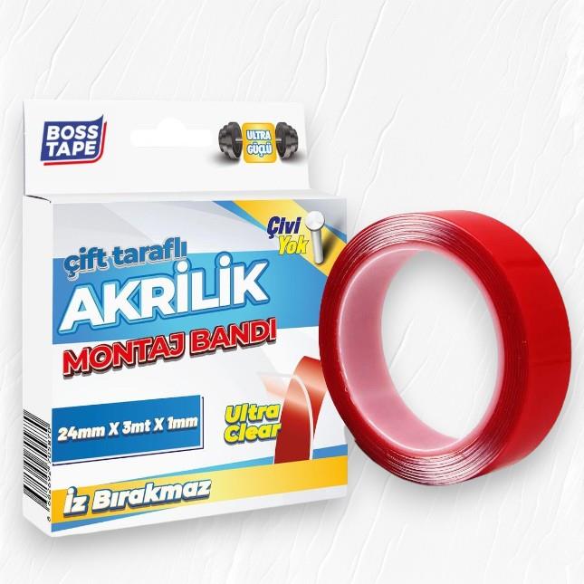 Boss Tape Çift Taraflı Akrilik Montaj Bandı- 24mmx3mt Şeffaf