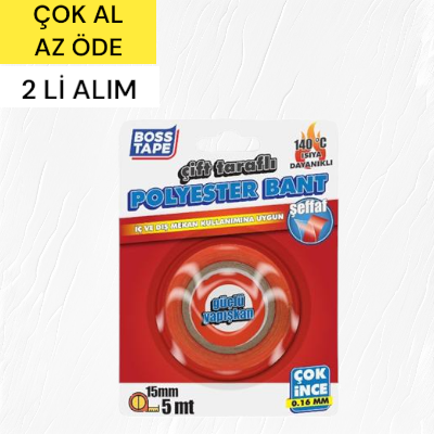 Boss Tape Çift Taraflı Polyester Bant 15mm-5mt 140 °C Isıya Dayanıklı 2'li Paket
