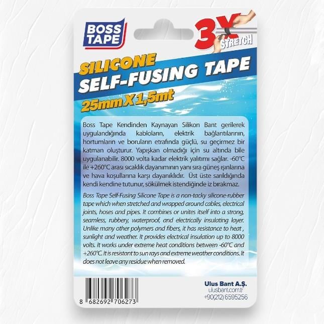 Boss Tape Silikon Kaynayan Tamir Bandı En:25mm Boy:1,5mt  Siyah